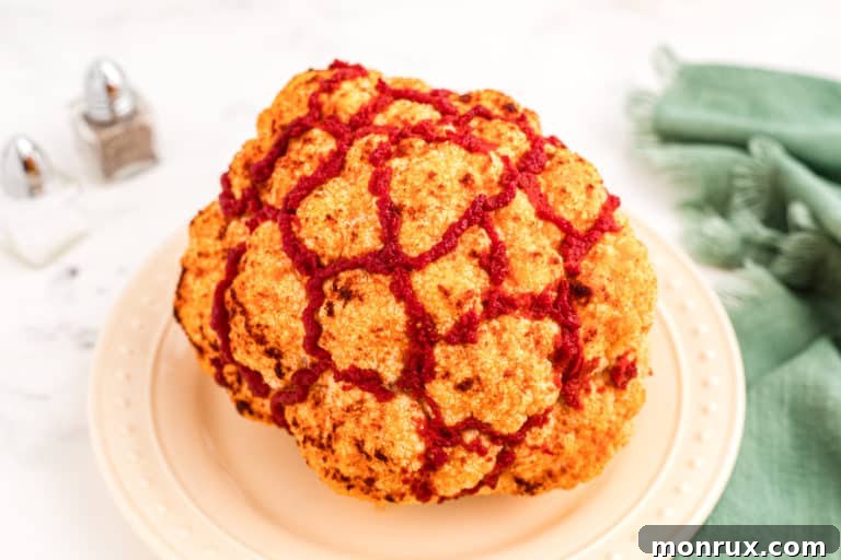 A gruesome roasted cauliflower brain, perfectly cooked and presented on a serving plate, ready to be devoured at a Halloween gathering.