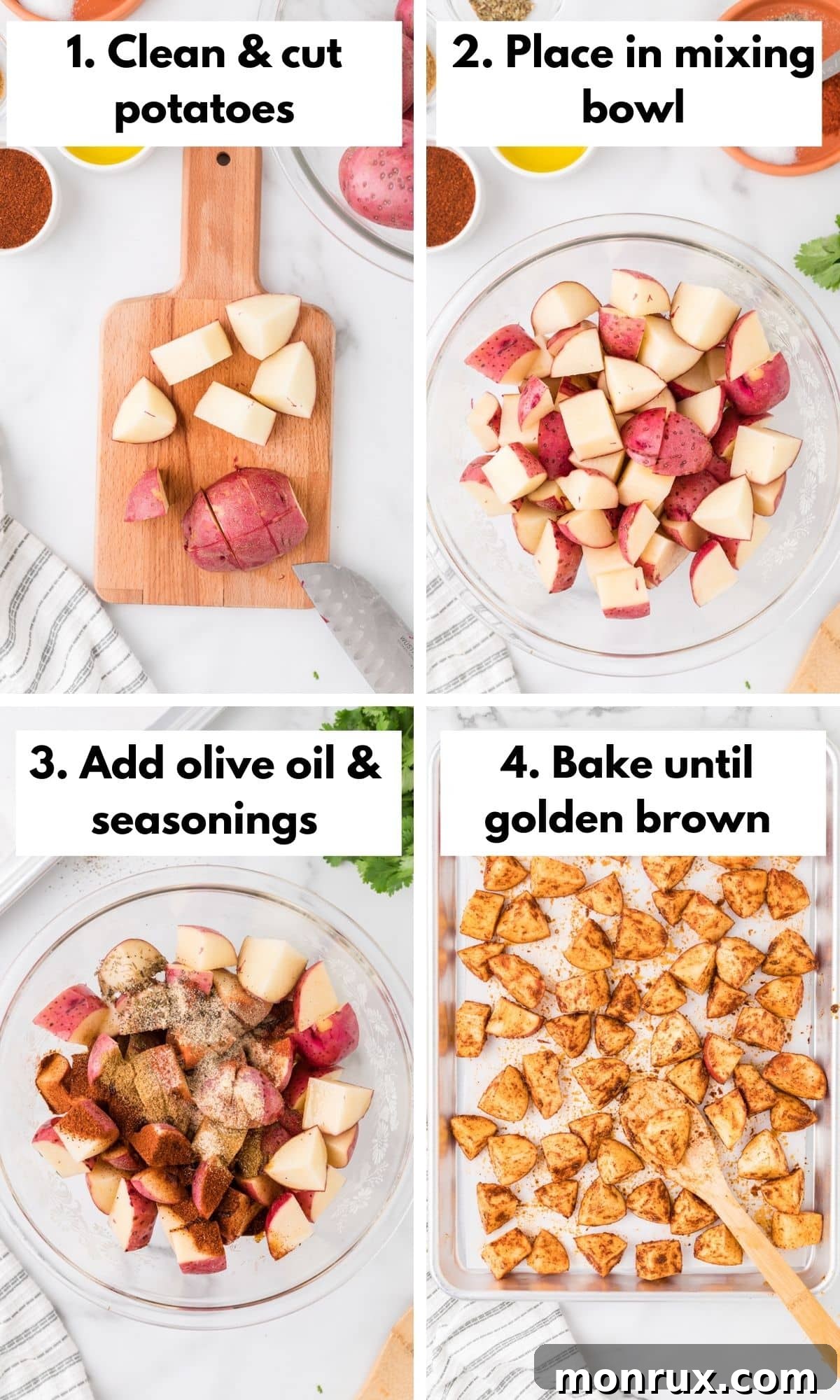 Step-by-step process of preparing Mexican potatoes, showing seasoned potato cubes spread evenly on a baking sheet.