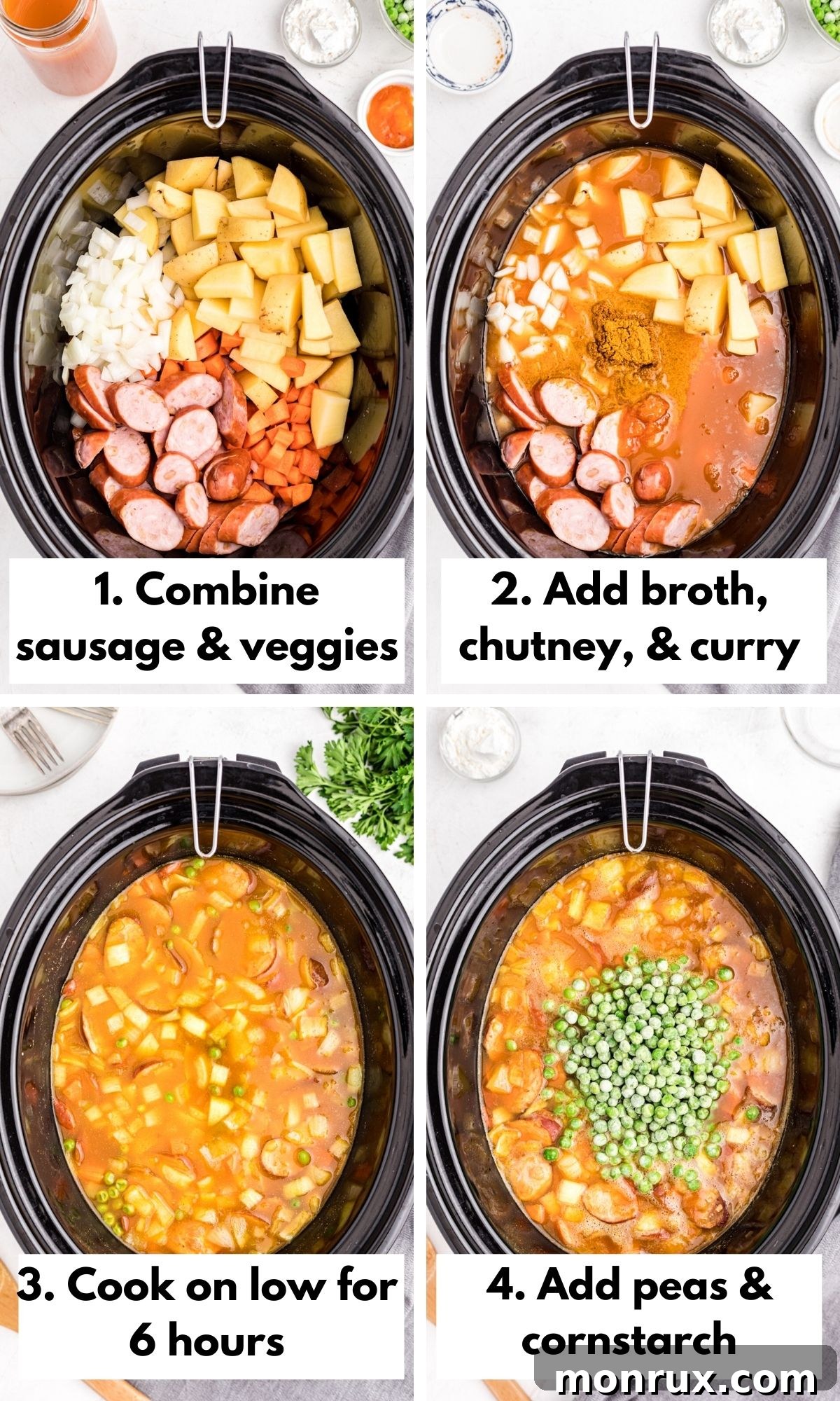 A slow cooker filled with sausage, potatoes, carrots, onions, and curry broth, ready to be cooked.