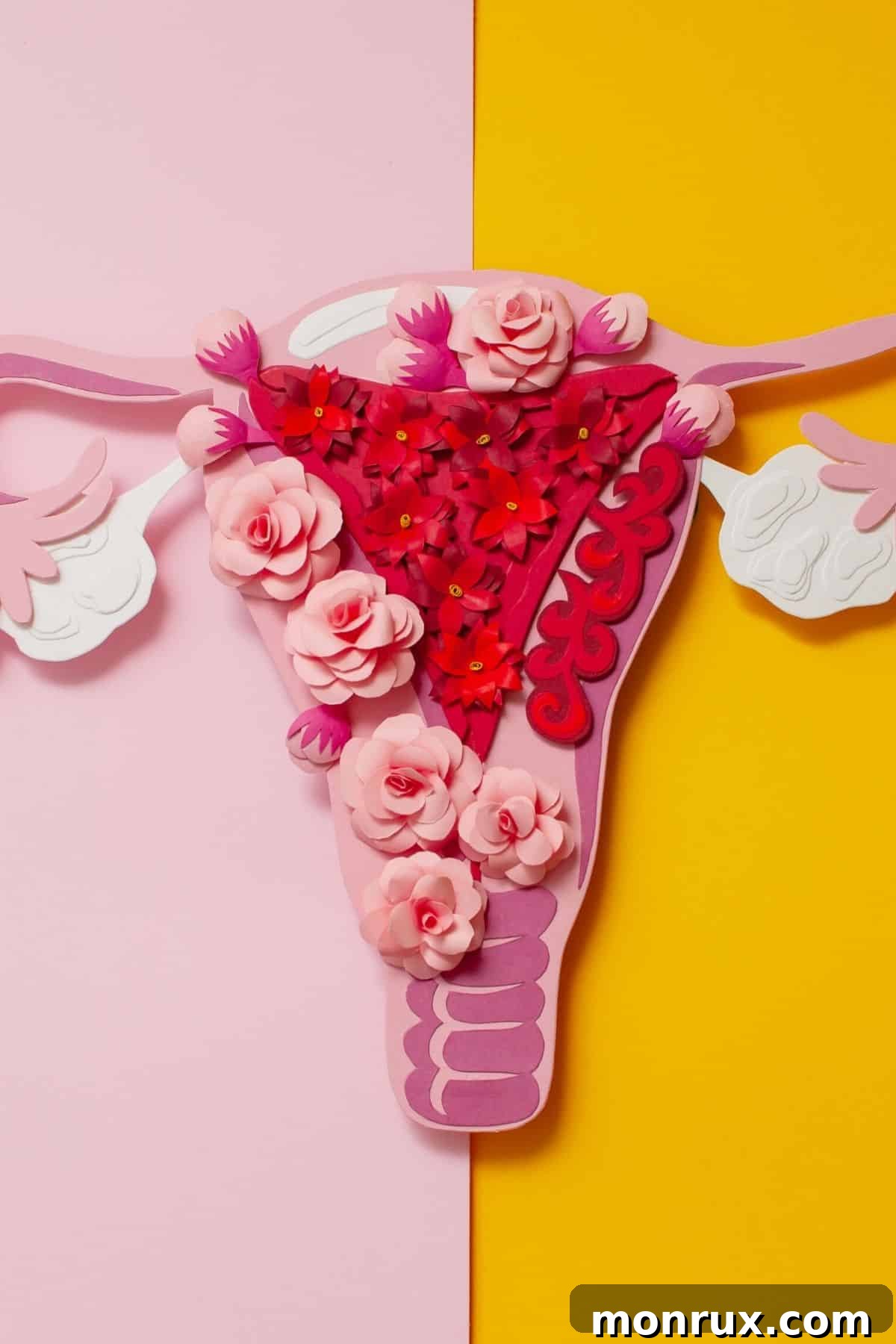 A vibrant artistic representation of the female reproductive system, including ovaries and uterus, crafted from colorful paper, symbolizing the delicate balance of women's health.