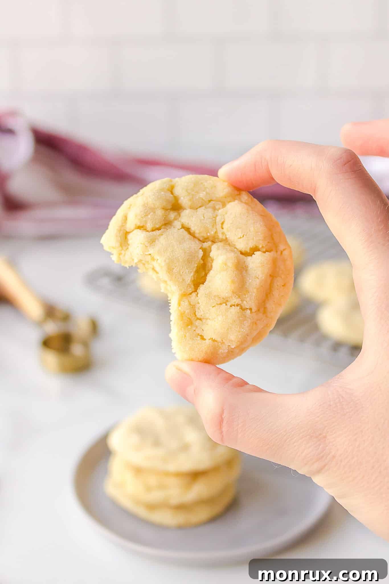 A hand holding a perfectly baked dairy-free sugar cookie, showcasing its soft texture and crackled top.