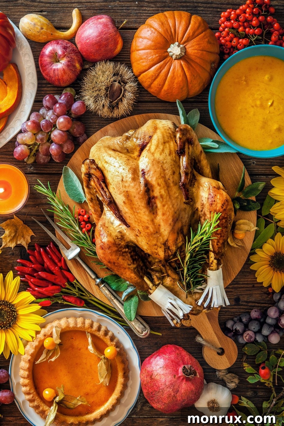 A beautiful display of golden-brown air fryer Thanksgiving foods, including turkey, roasted vegetables, and a festive dessert, arranged on a rustic tabletop.