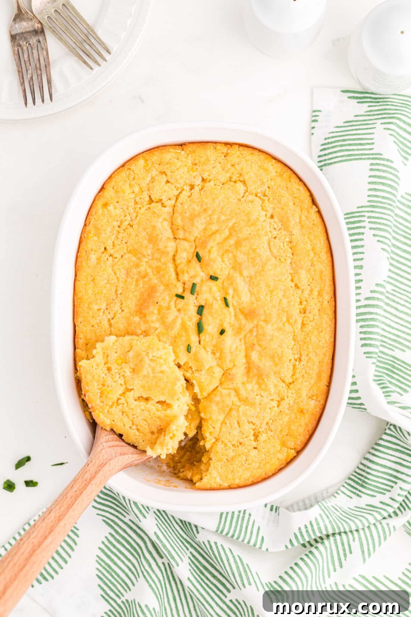 Baked dairy-free corn casserole, golden brown and cooling, ready to be served.