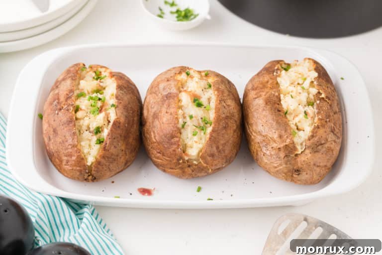 A beautifully presented air fryer twice baked potato, golden brown and garnished with fresh chives, served ready to eat. The potato appears creamy and rich, with a crispy skin, typical of a well-prepared dish.