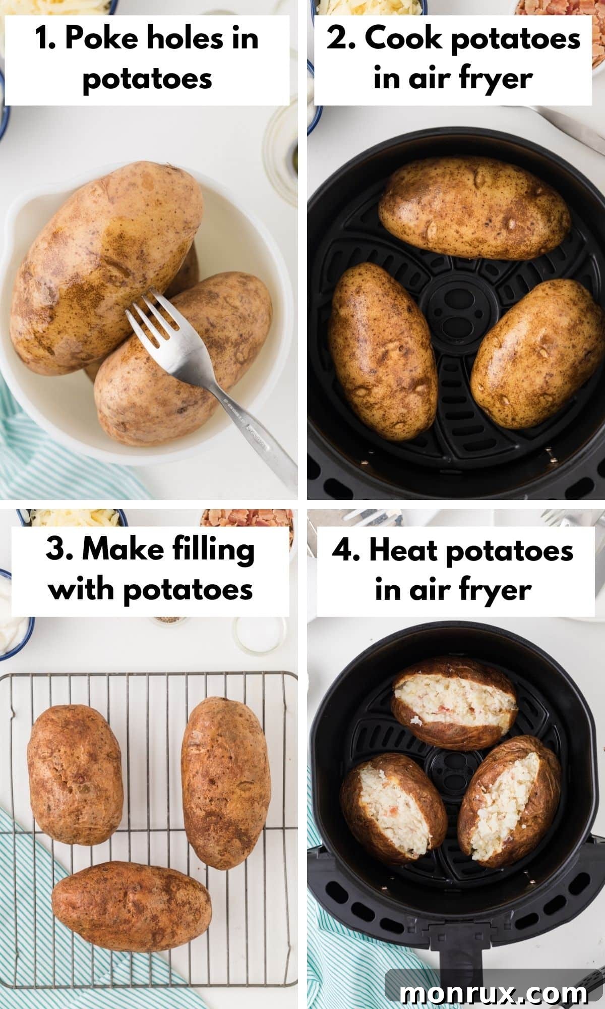 A visual guide showing the progression of making air fryer twice baked potatoes, from whole potatoes to scooped halves, and then the refilled potatoes ready for a second bake.