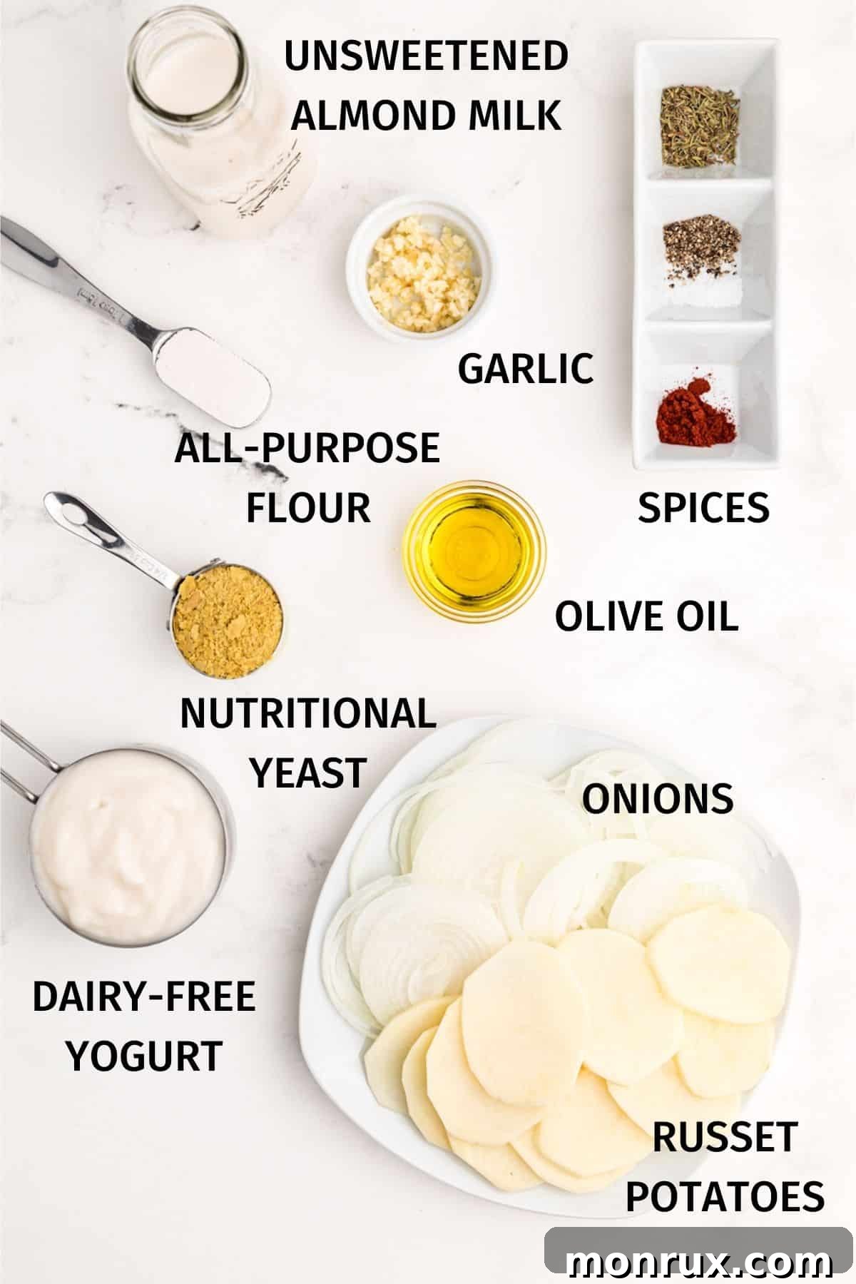 ingredients for dairy-free scalloped potatoes.
