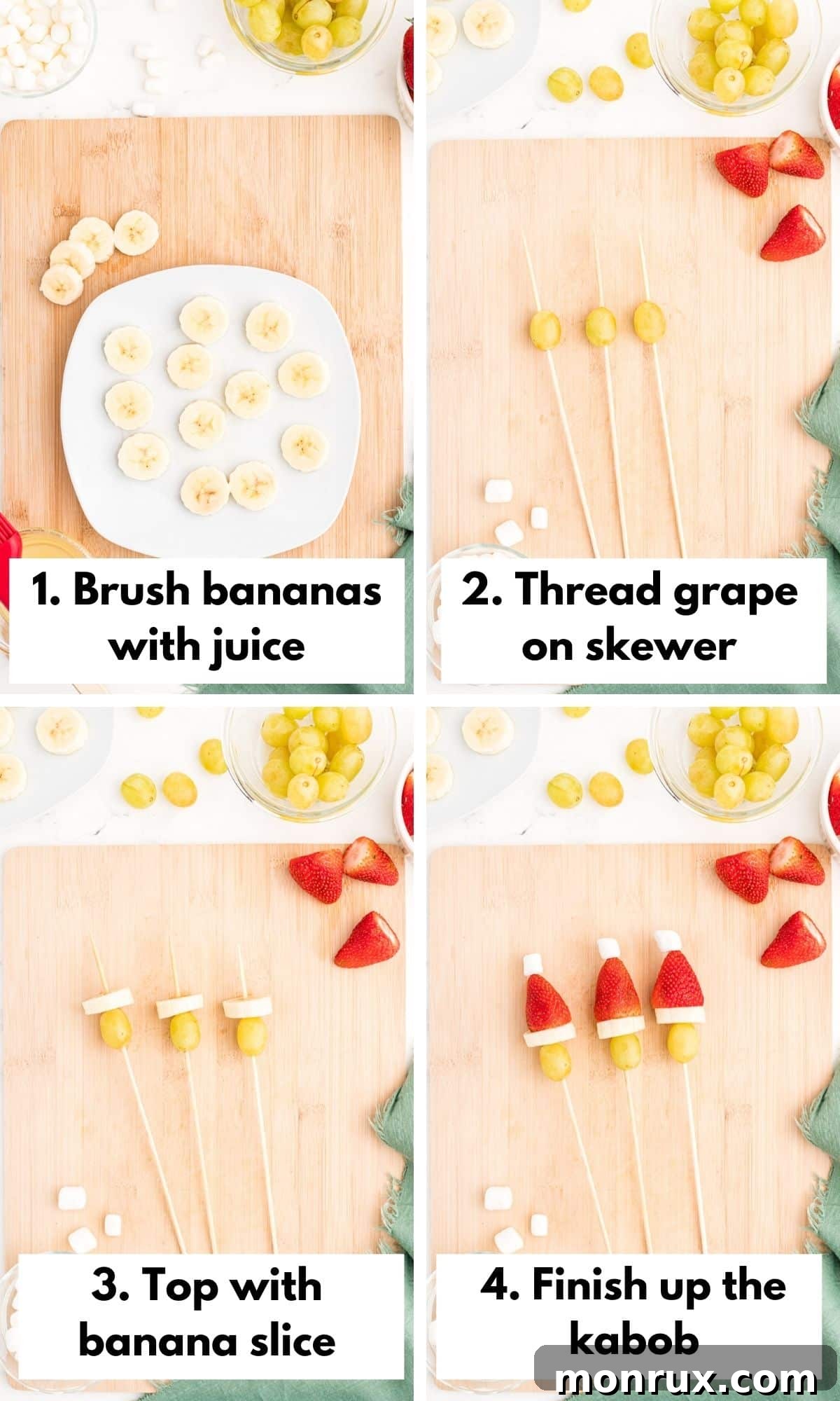 A visual step-by-step guide showing how to assemble Grinch fruit kabobs, with a close-up of a finished kabob.