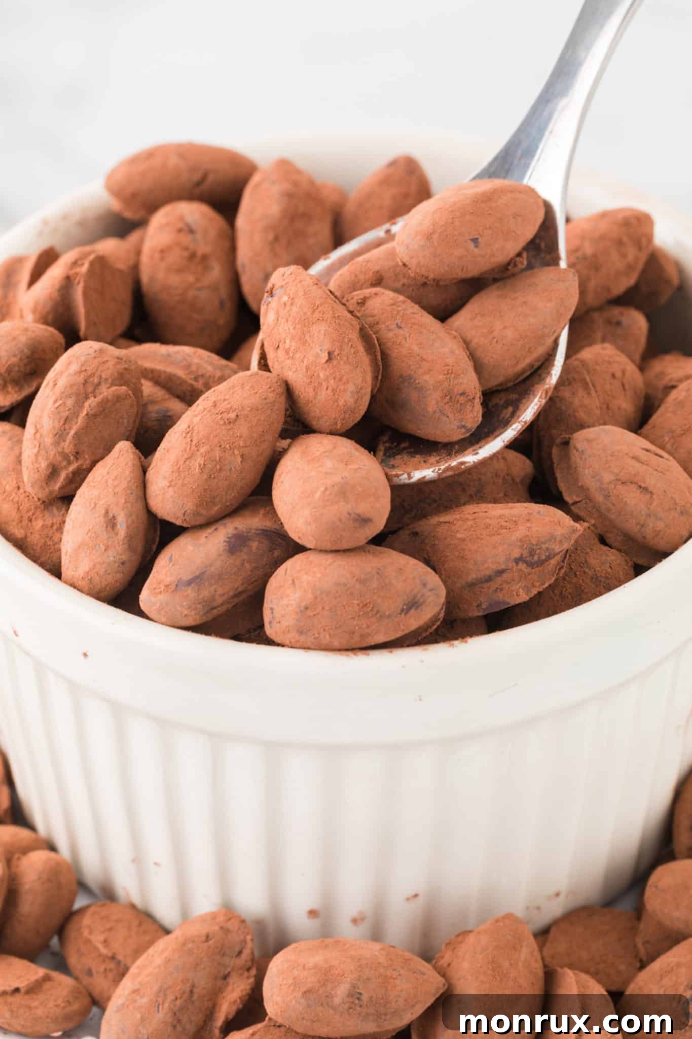 a bowl of vegan dark chocolate covered almonds with cocoa dusting.