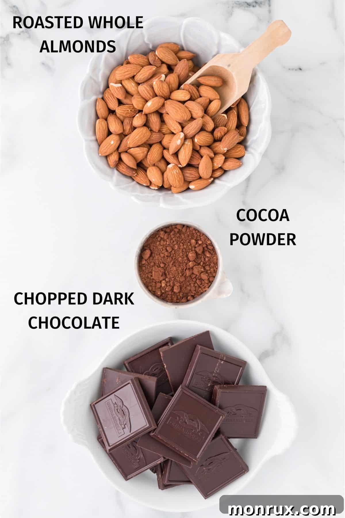 ingredients for homemade dark chocolate covered almonds.