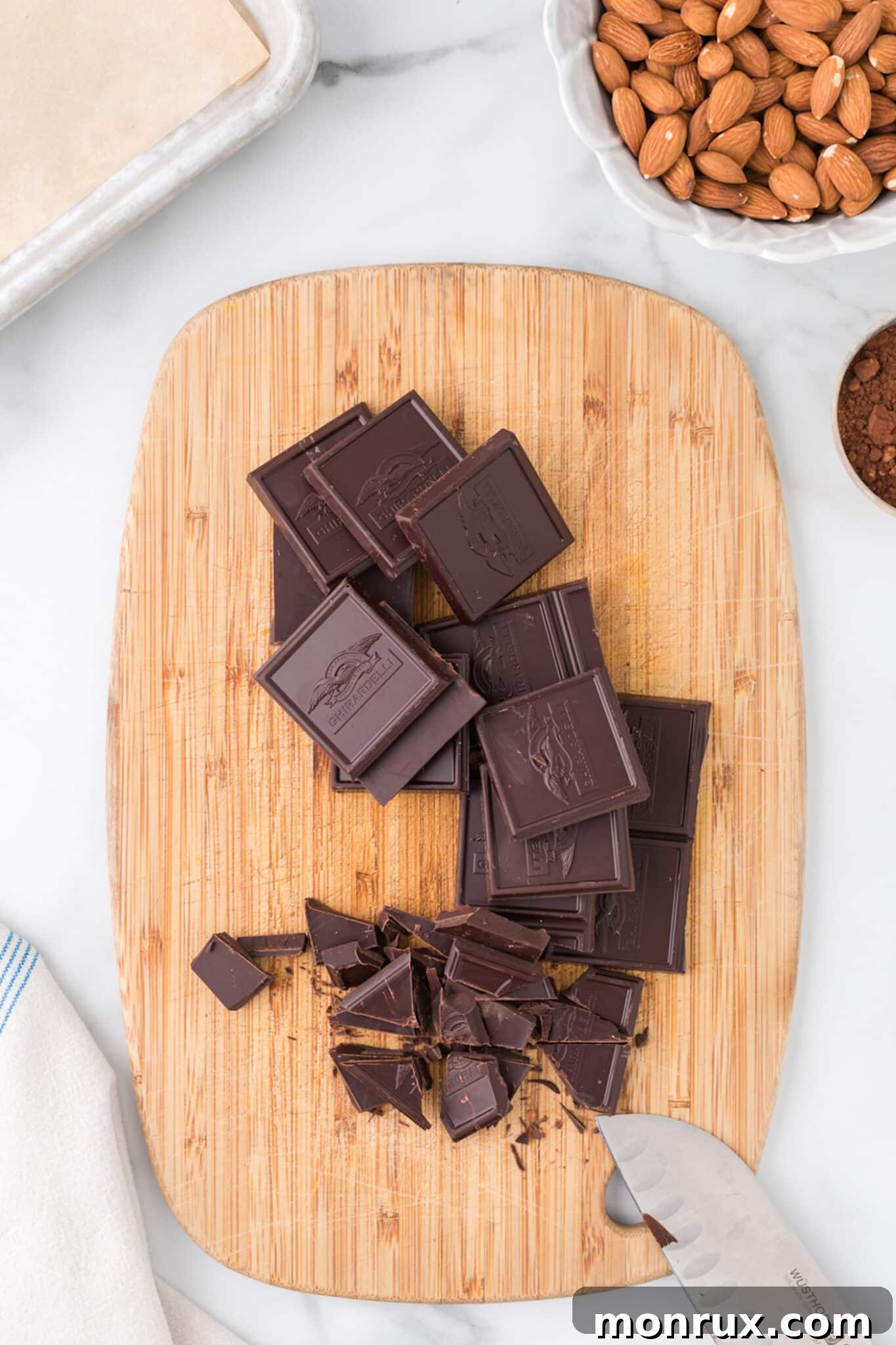 chopped chocolate on cutting board.