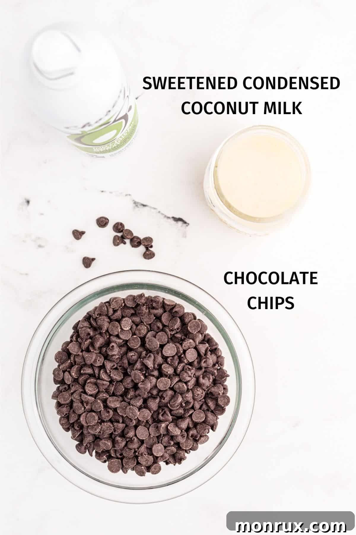 ingredients for 2-ingredient dairy-free fudge laid out on a cutting board.