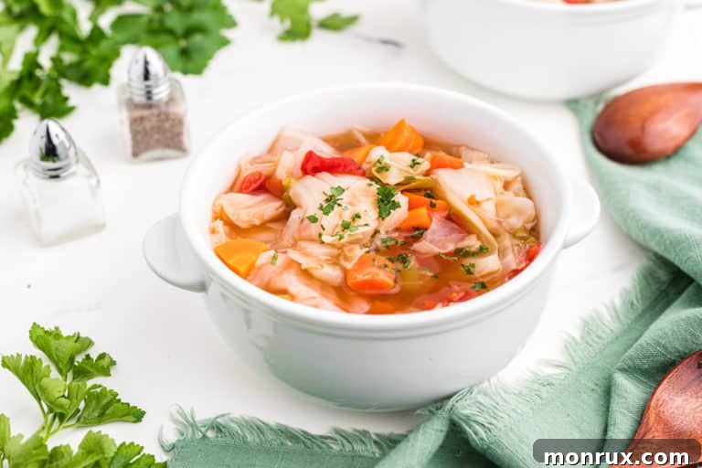 A hearty bowl of cabbage soup, garnished with fresh green herbs, ready to be enjoyed.