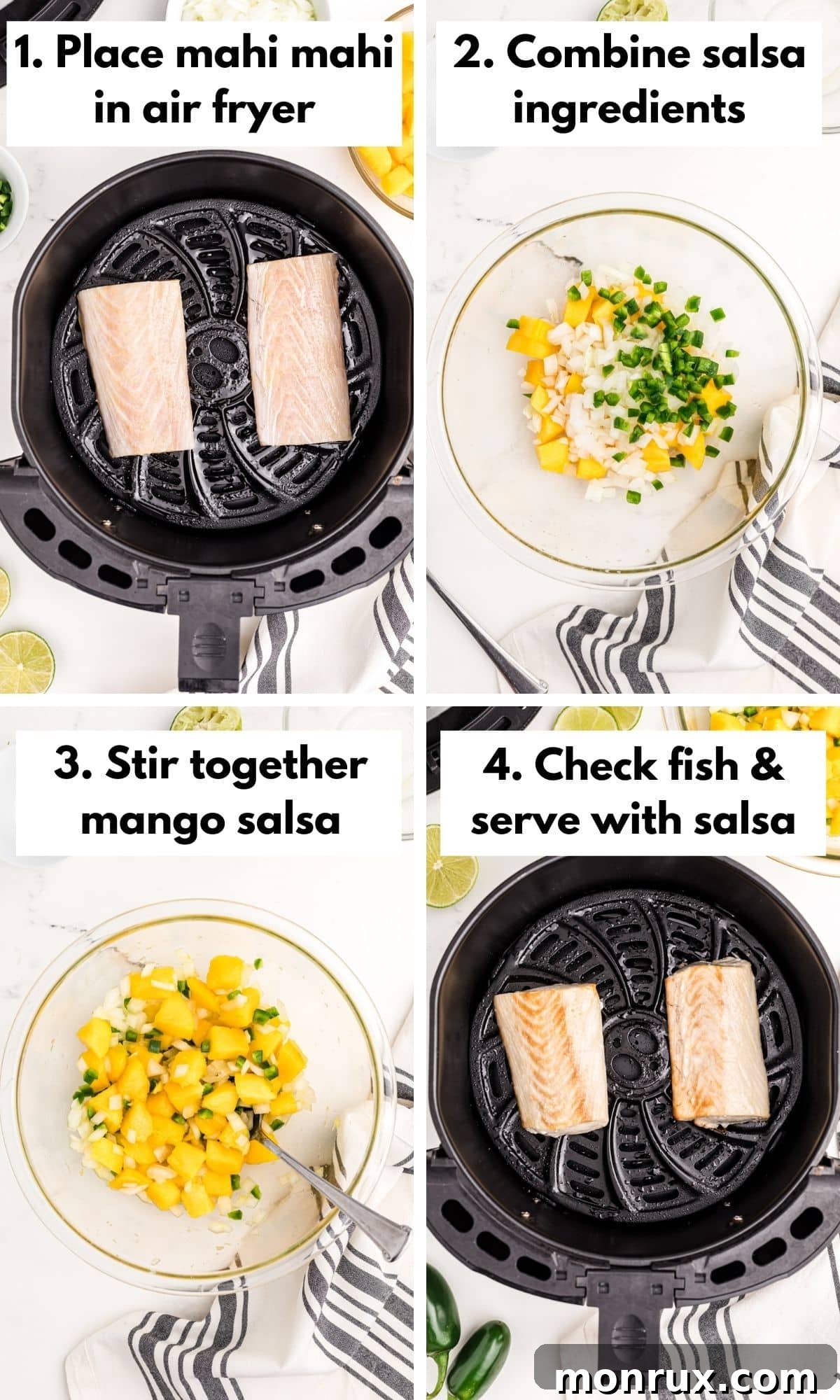 how to make air fryer mahi mahi with mango salsa, showing steps of preparing fish and salsa.