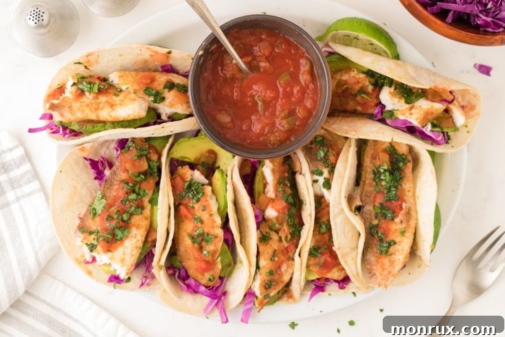 Air fried fish tacos without breading, ready to serve.