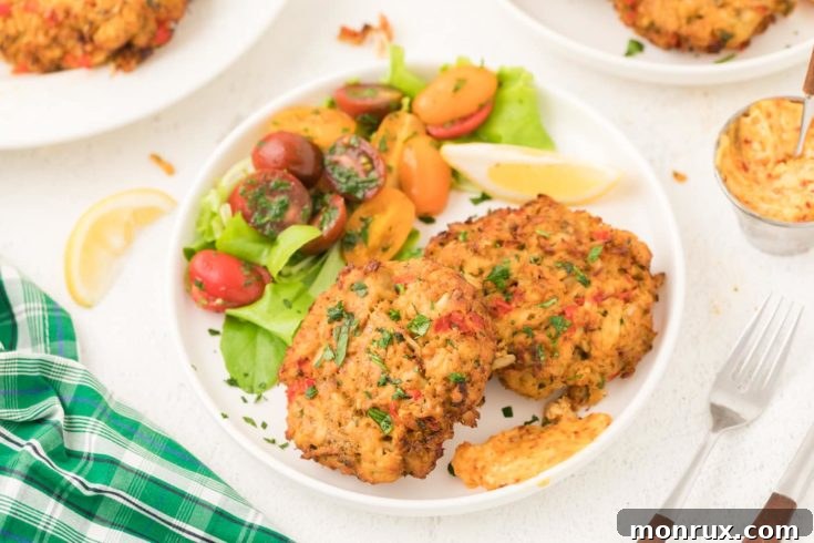Golden brown air fried crab cakes.
