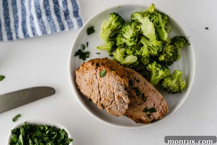 Perfectly cooked pork loin from an air fryer.