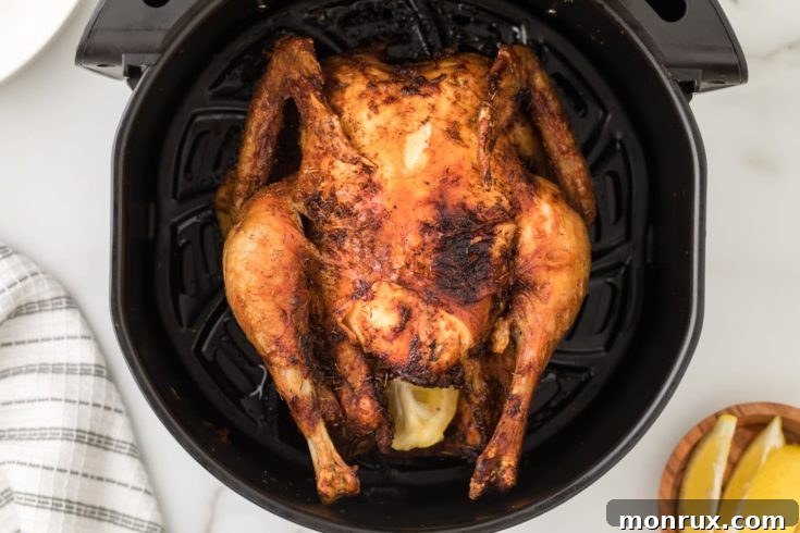 Whole roasted chicken cooked in an air fryer.