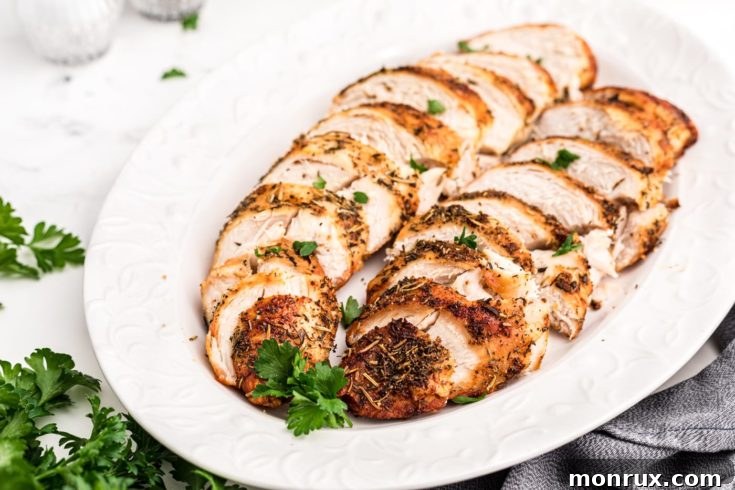 Sliced air fried turkey tenderloins.