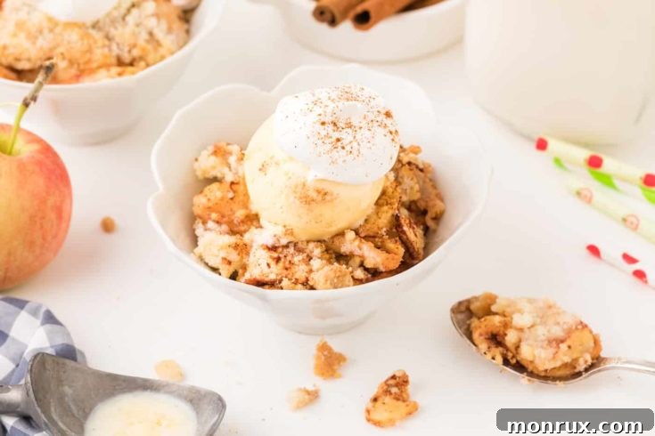 Air fried apple crisp with a scoop of ice cream.