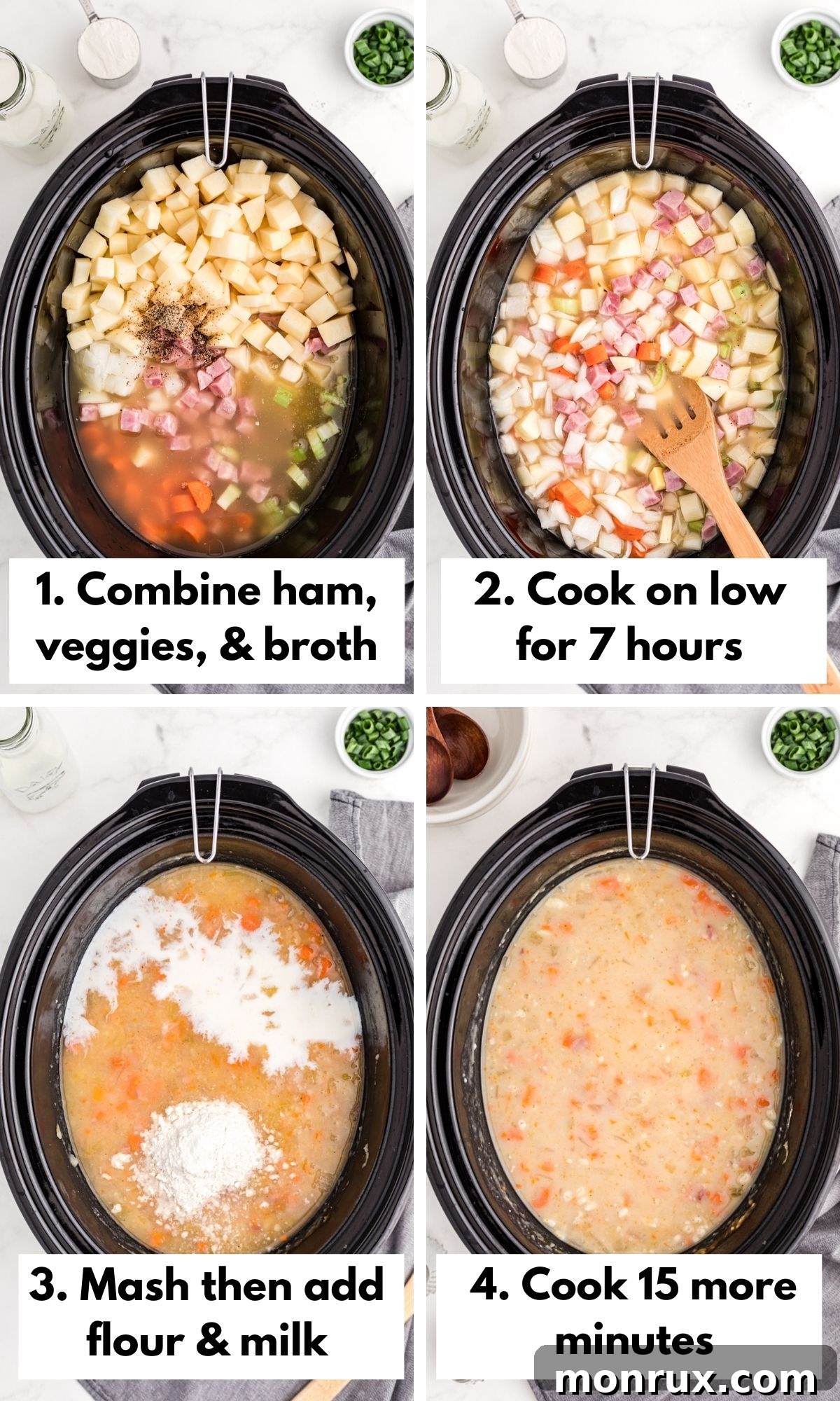 A series of three images showing the process of making ham and potato soup in the slow cooker: ingredients added, slow cooking, and mashing the potatoes.