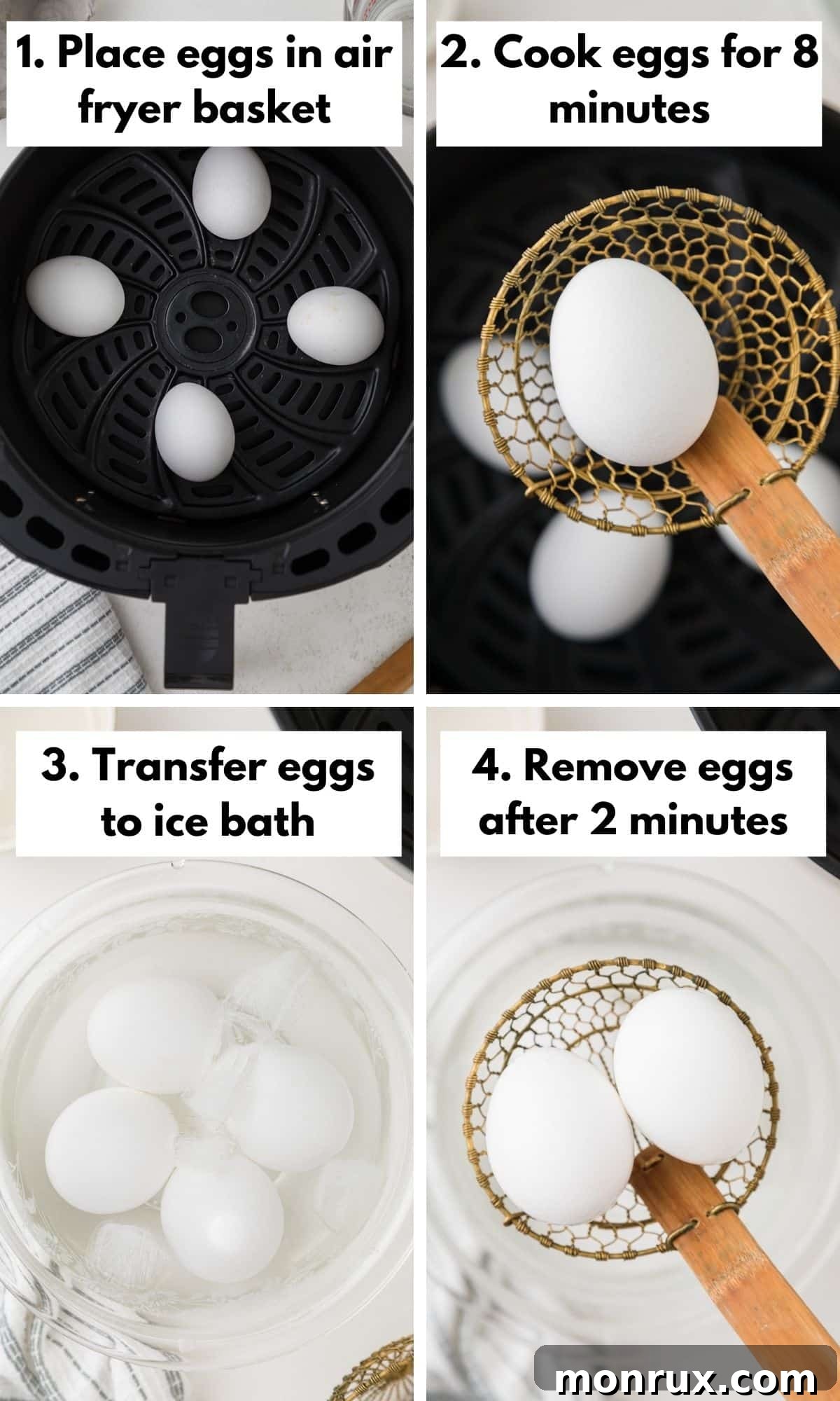 How to make soft boiled eggs in the air fryer, showing eggs in the basket.