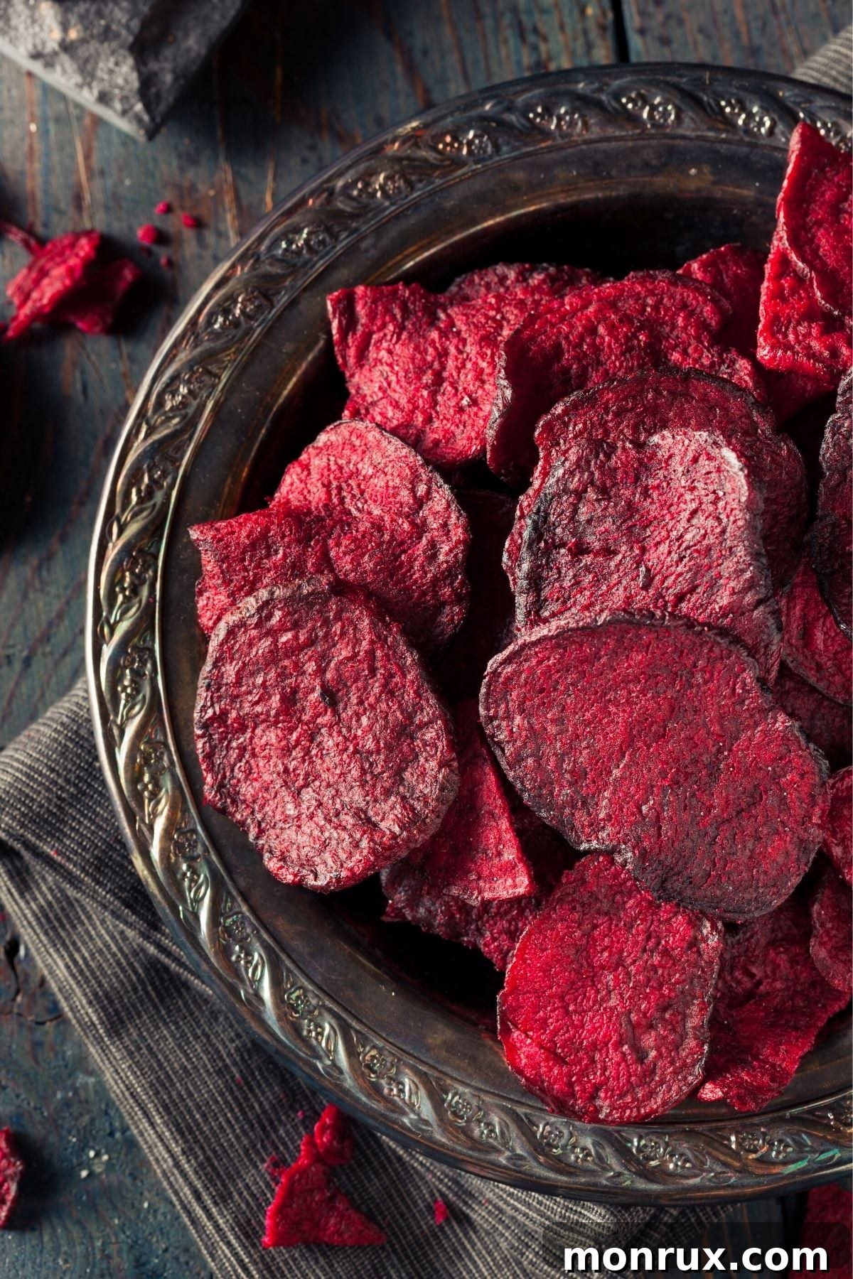 Crispy beet chips, an intermediate step in making homemade beet powder.