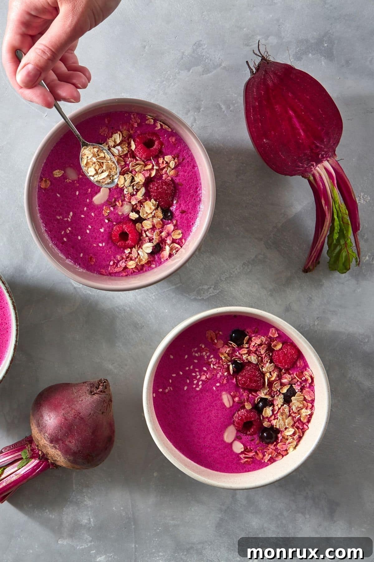 Vibrant beet powder smoothie bowls, demonstrating a delicious use of the powder.