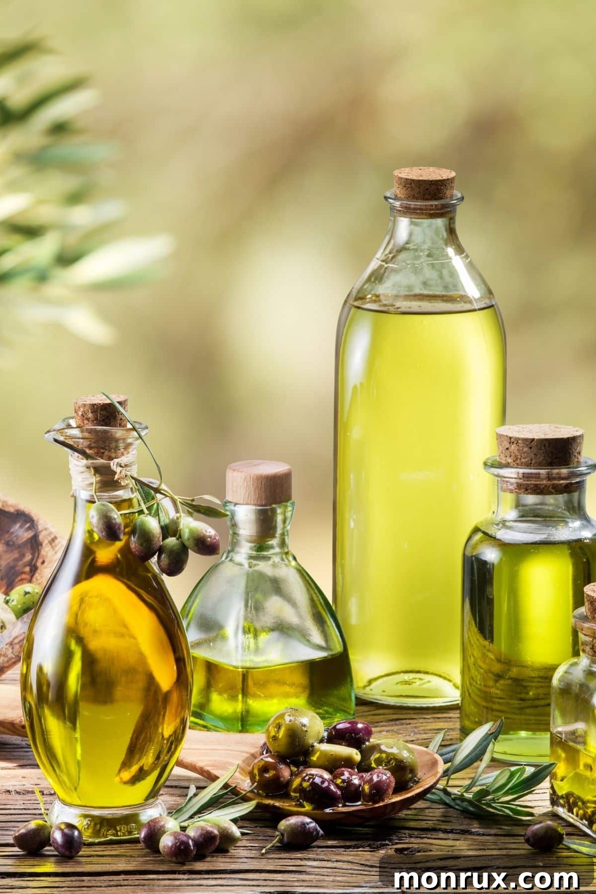 Collection of various healthy cooking oils, including olive oil, coconut oil, and avocado oil bottles, on a rustic kitchen counter.