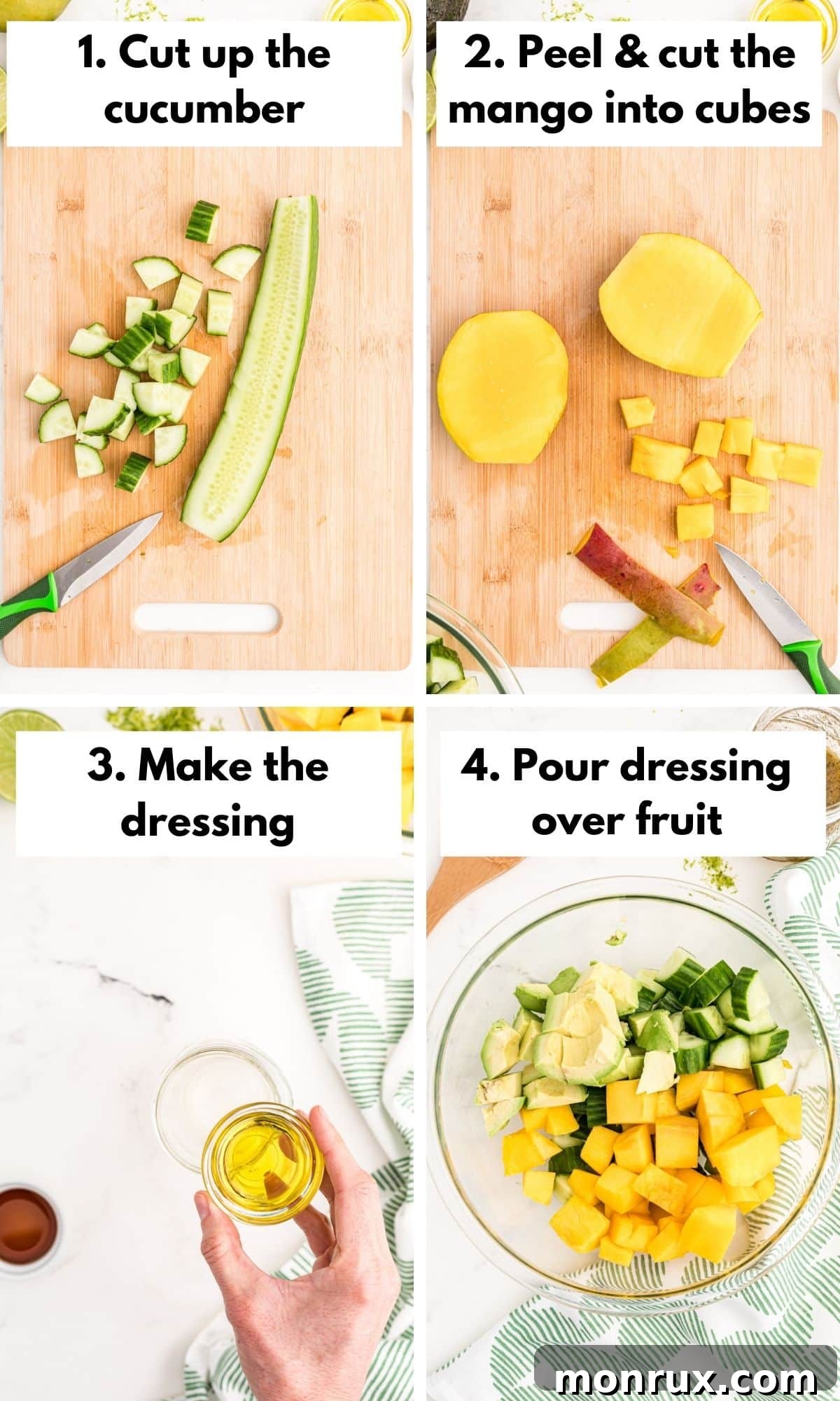 A visual guide showing how to prepare mango avocado salad, with ingredients being combined.