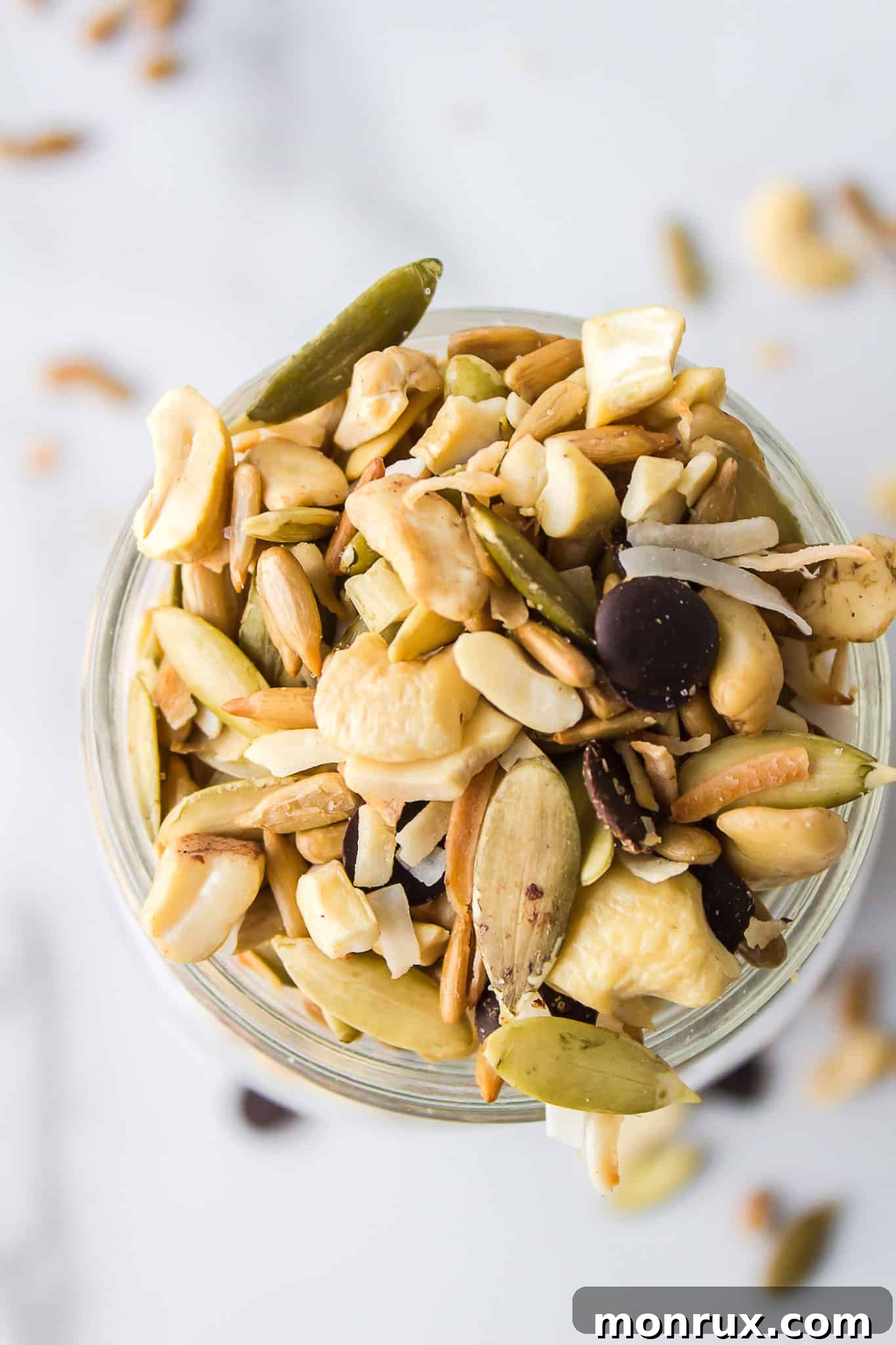 An elegant jar of sugar-free trail mix, perfect for storage or gifting.