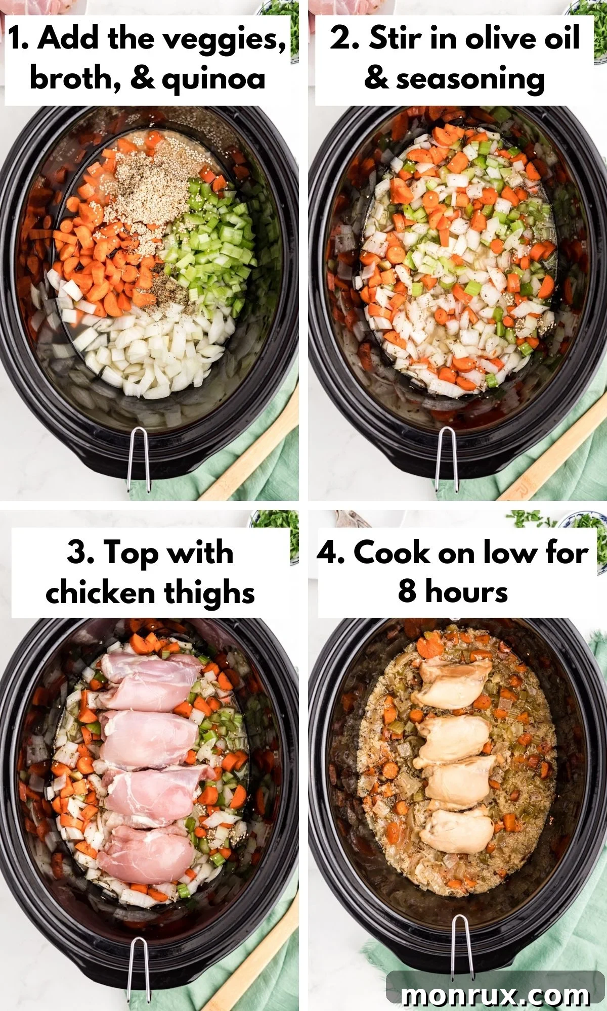 Step-by-step image showing how to assemble chicken and quinoa in the slow cooker.