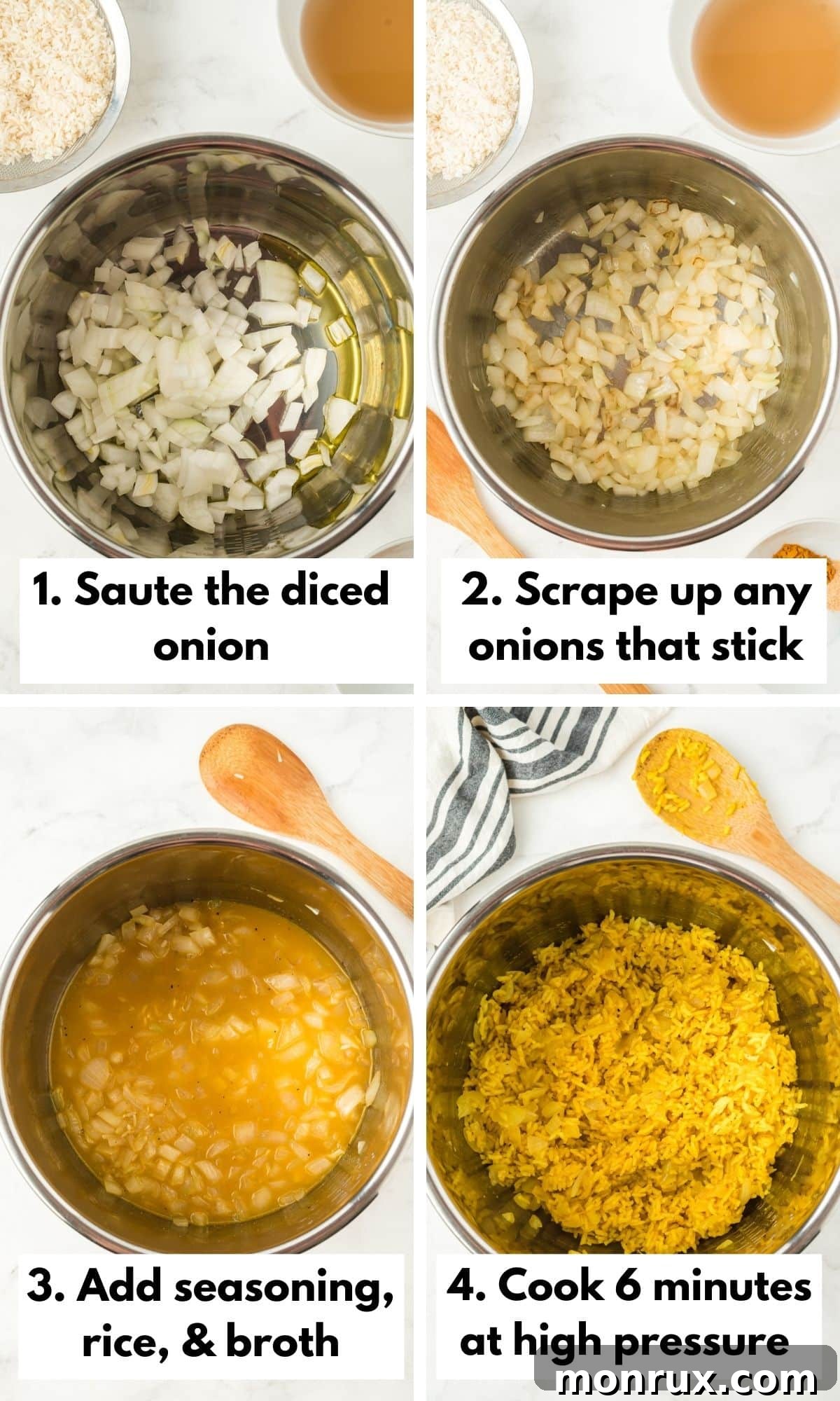A sequence of images demonstrating the process of making yellow rice in an Instant Pot, from sautéing onions to adding rice and spices.