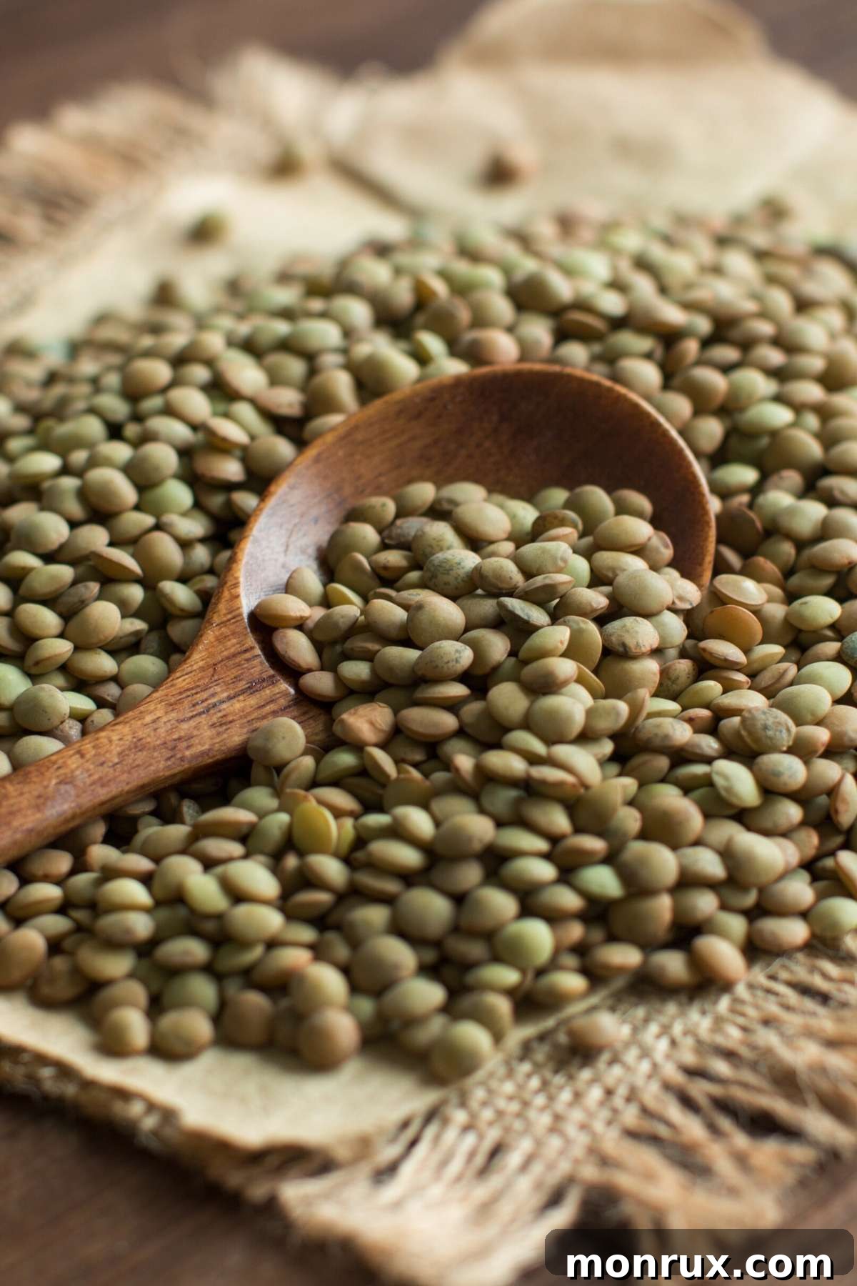 Cooked lentils in a bowl with a spoon