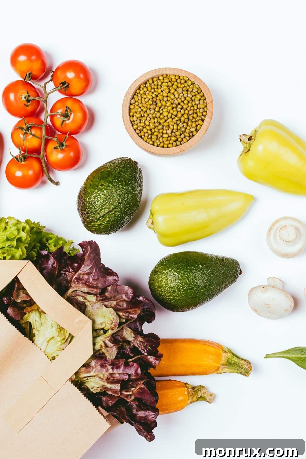 Assortment of fresh fruits and vegetables on a kitchen counter, symbolizing a healthy, sugar-free diet.
