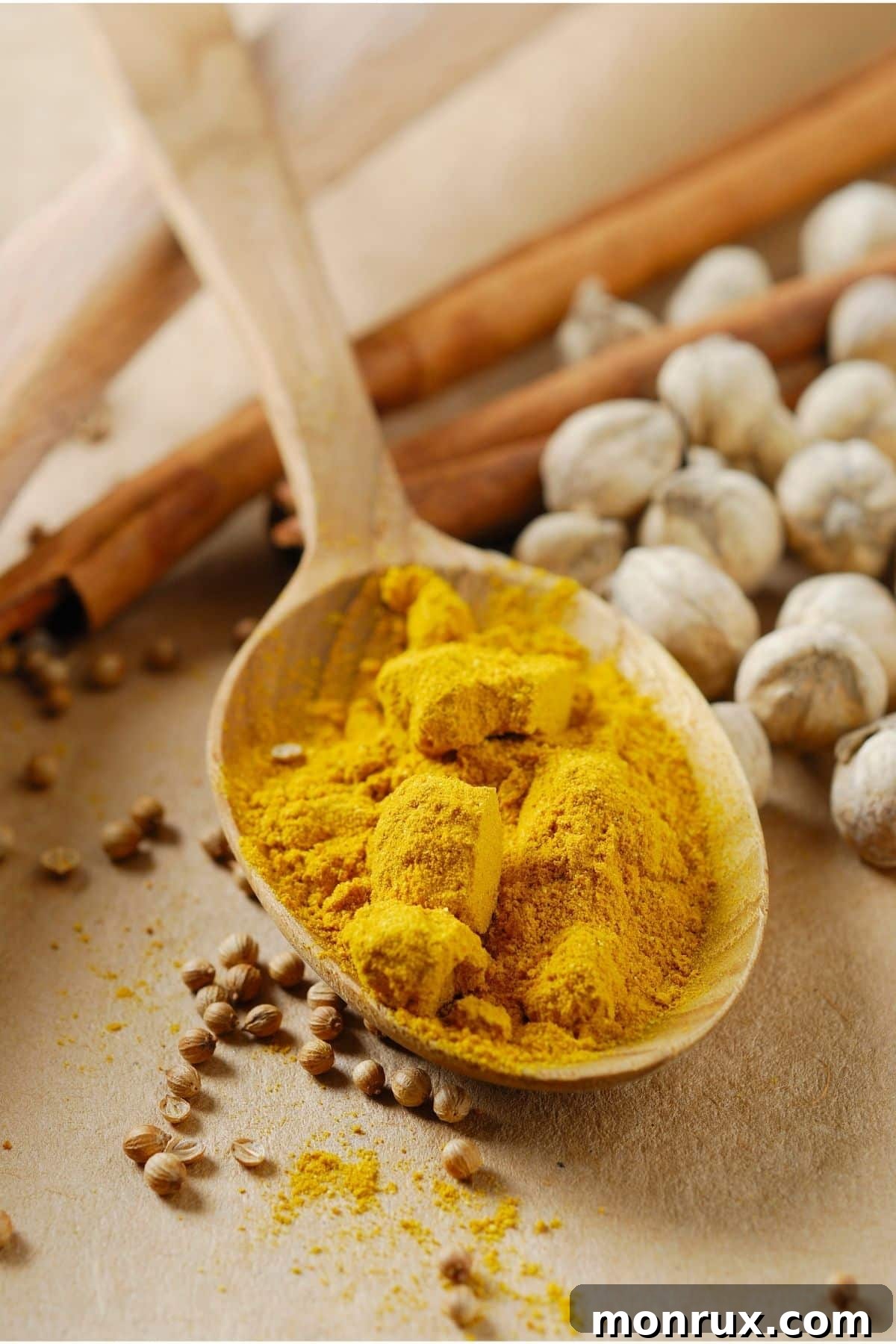 a spoonful of curry powder. A spoonful of bright yellow curry powder, a popular spice blend, ready to be added to a flavorful dish.