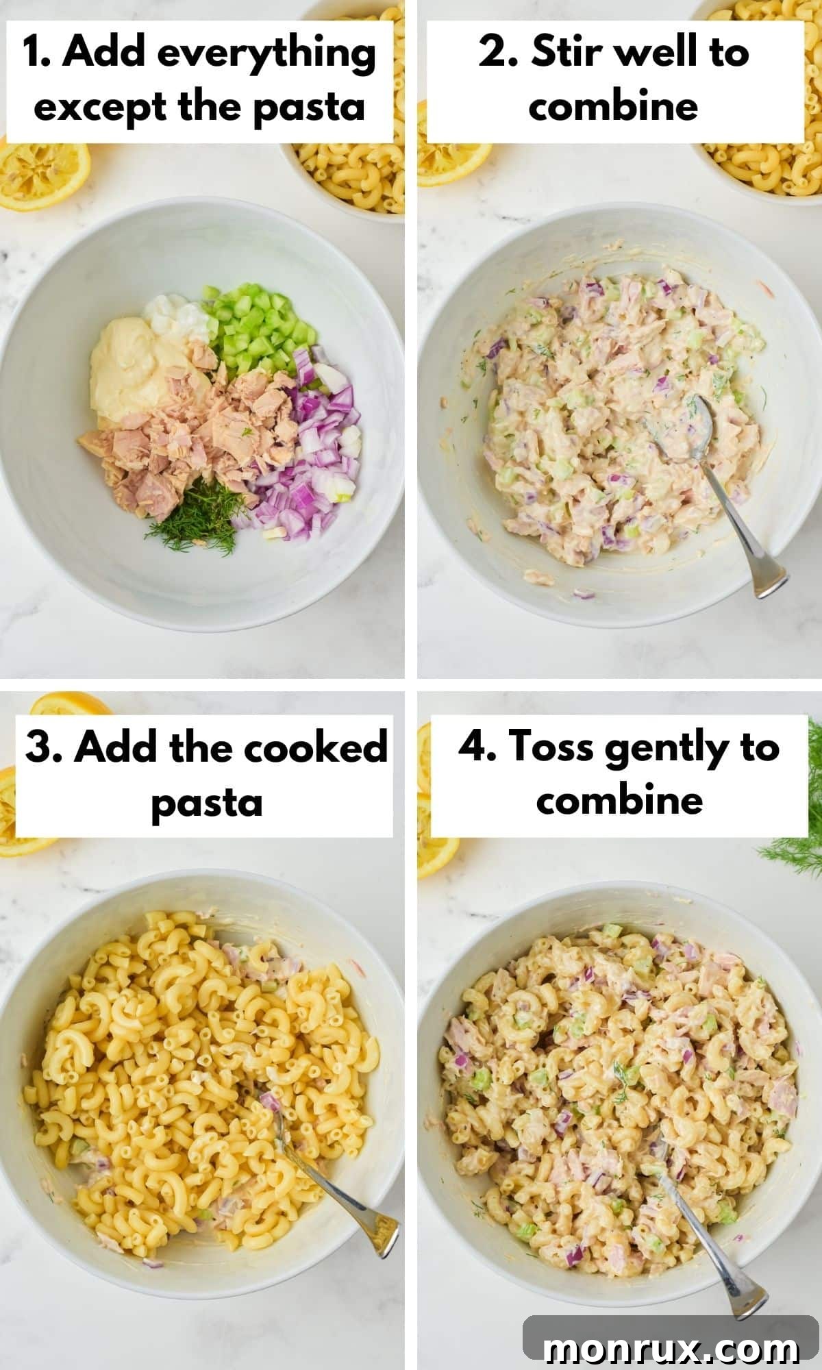 A visual collage showing the step-by-step process of how to make tuna pasta salad, from cooking pasta to mixing ingredients.