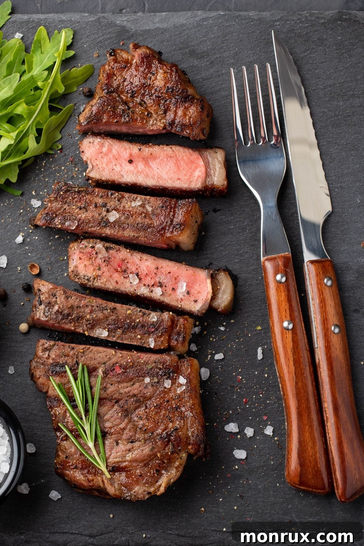 cooked bison steak on slate slab with fork and knife, ready to be eaten.