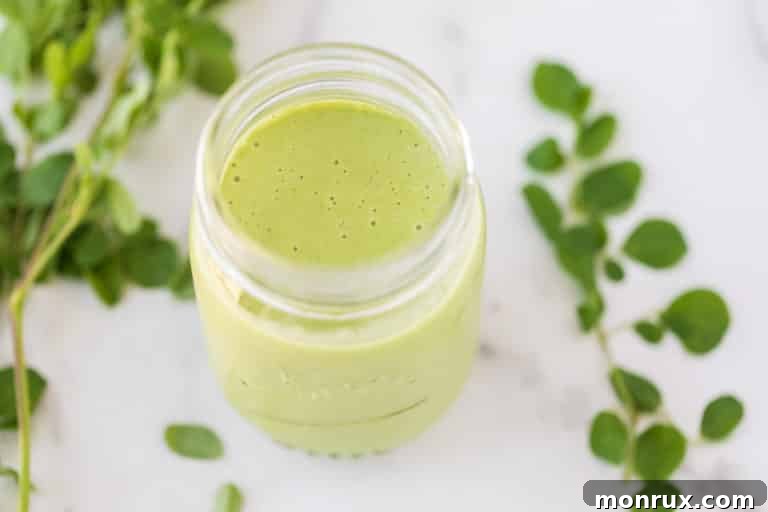 A beautifully blended Vegan Moringa Smoothie for weight loss.