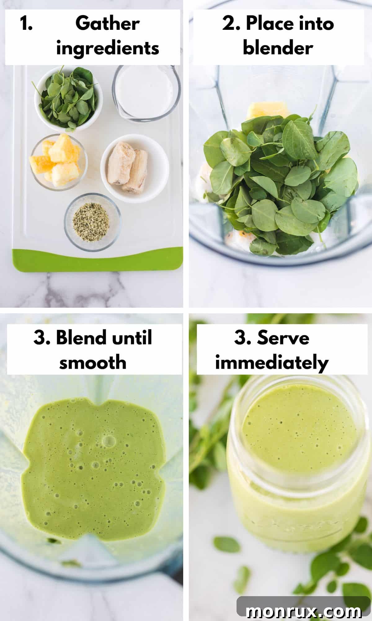 A collage of photos showing the step-by-step process of making a moringa smoothie, from gathering ingredients to blending and serving.