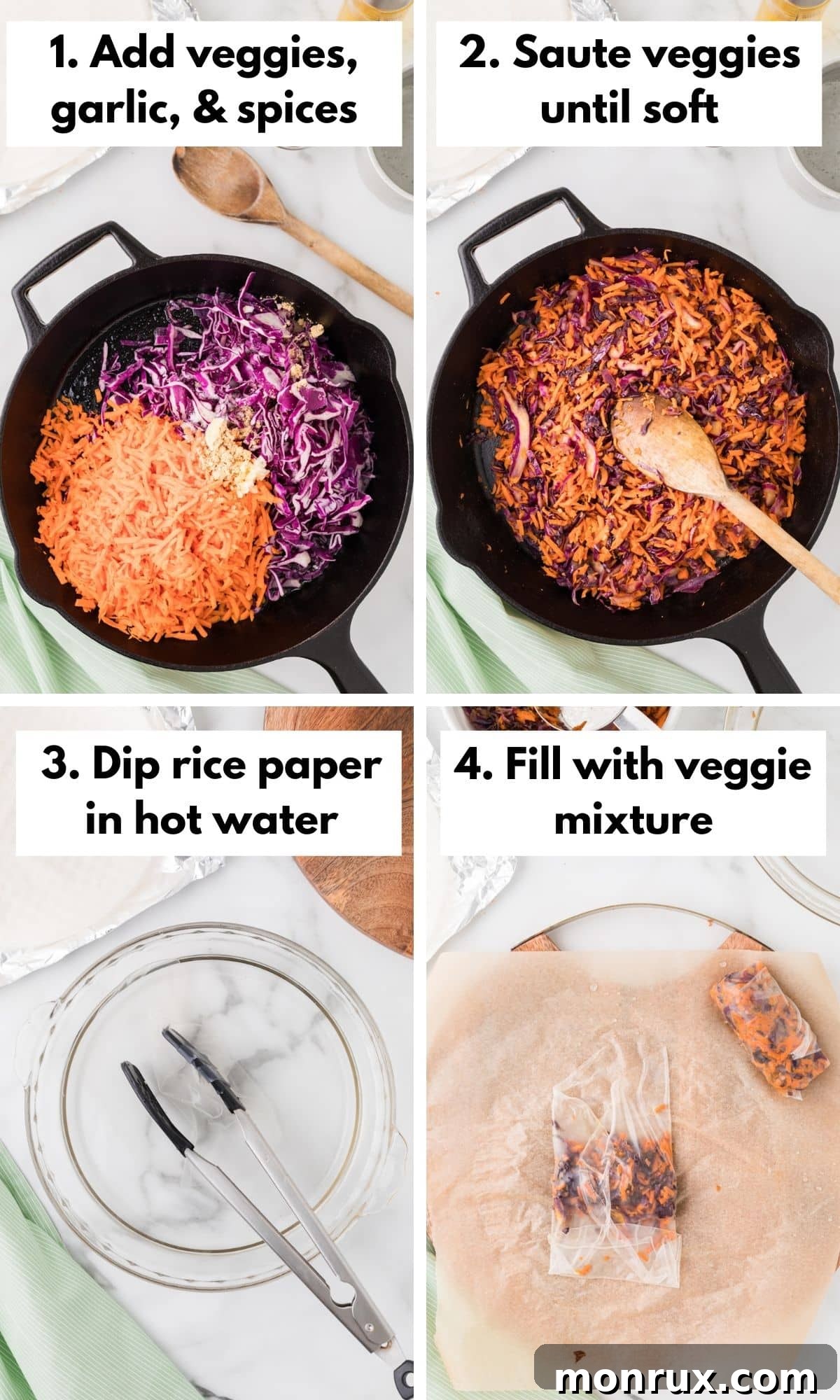 Collage of sautéed vegetables in a skillet and neatly wrapped spring rolls on a cutting board, illustrating the preparation process.