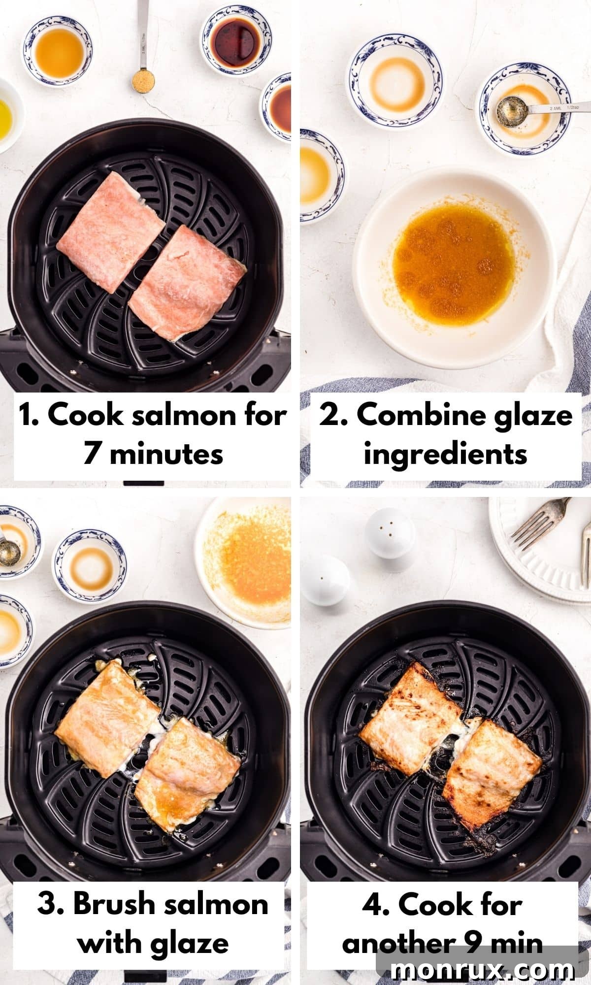 close up image of frozen salmon fillets being placed into an air fryer basket.