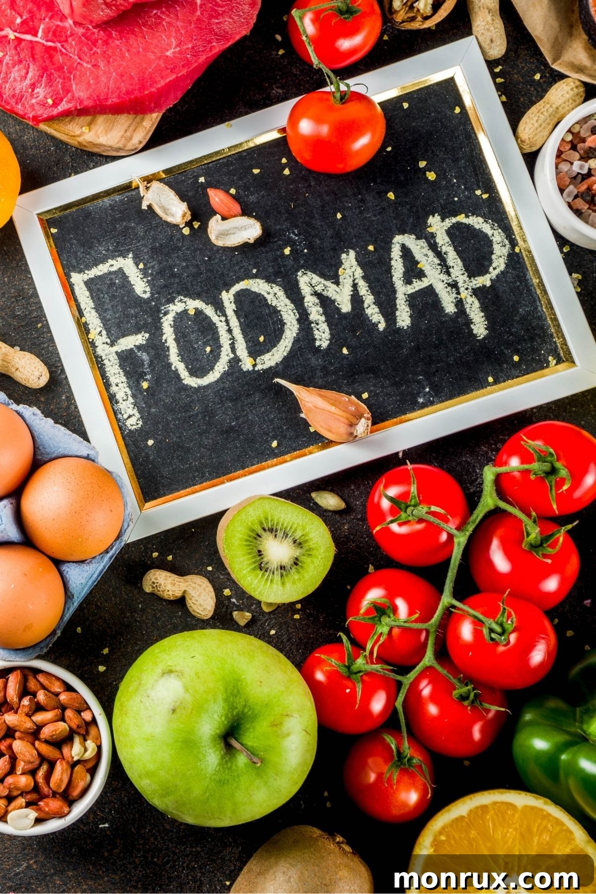 A blackboard on a table displaying 'FODMAP diet' with various low and high FODMAP foods surrounding it, emphasizing dietary choices for digestive health.