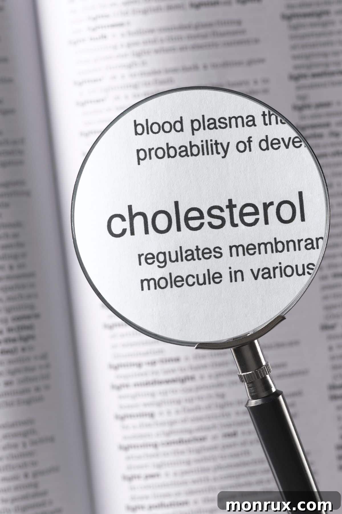 A magnifying glass focusing on the word 'cholesterol' on a document, representing health scrutiny.