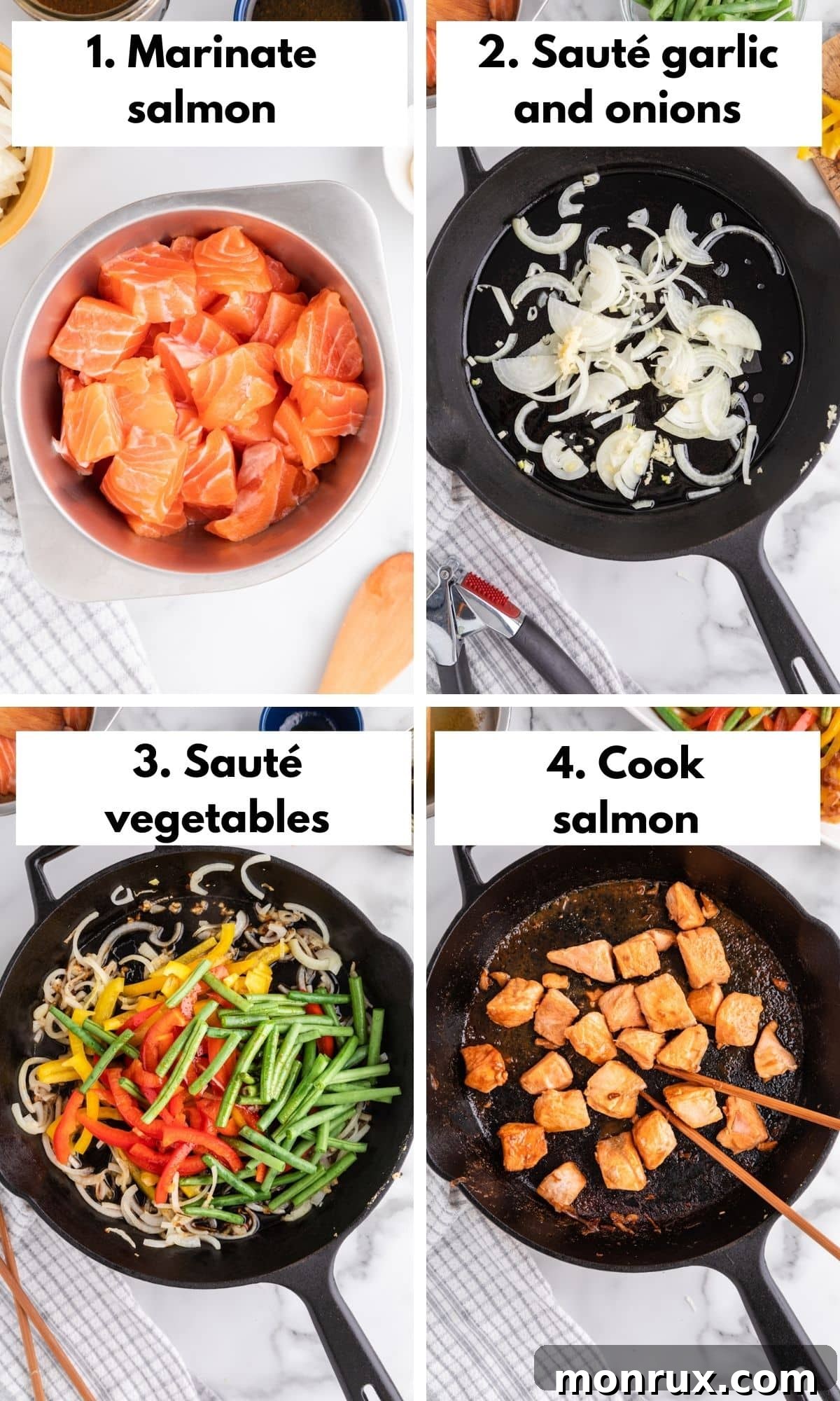 Detailed process shots showing the steps of preparing salmon for marinating and cooking a stir-fry, illustrating the ease of the recipe.