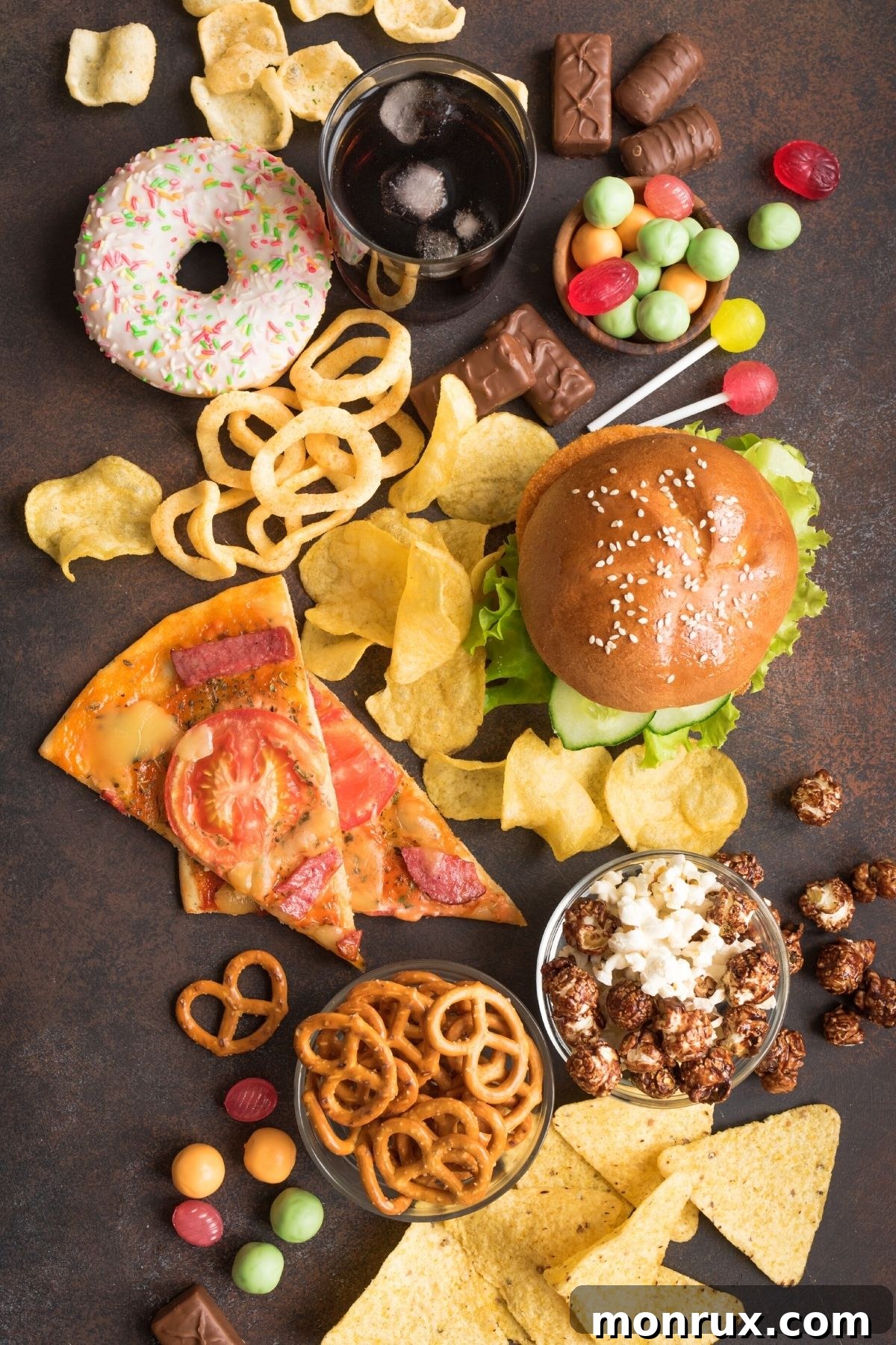 A selection of unhealthy foods including a hamburger, pizza slices, and various candies on a table, symbolizing foods to limit or avoid with Hashimoto's Thyroiditis.