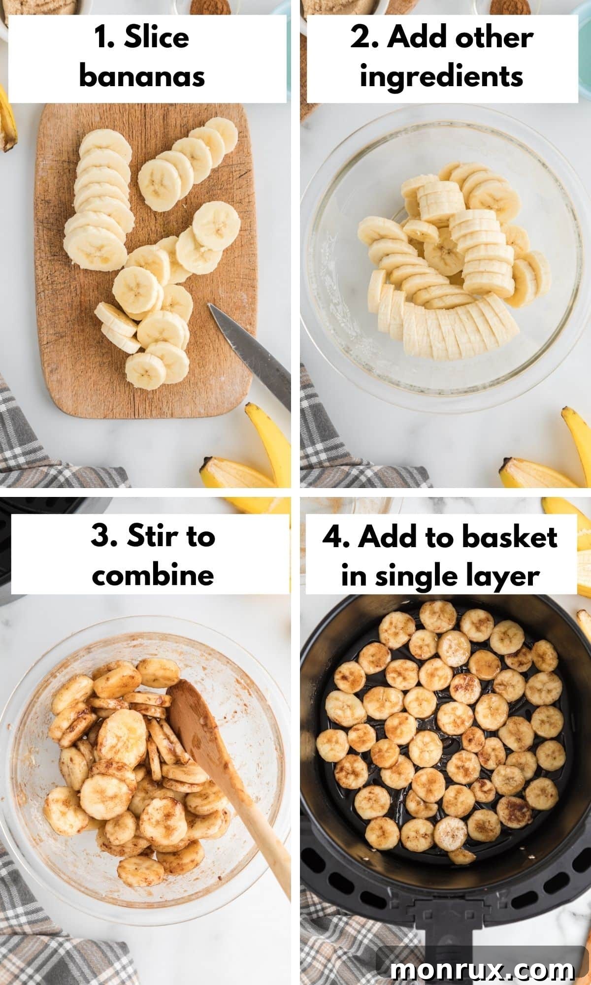 Process collage showing fresh bananas being sliced, mixed with seasonings, and placed into an air fryer basket.