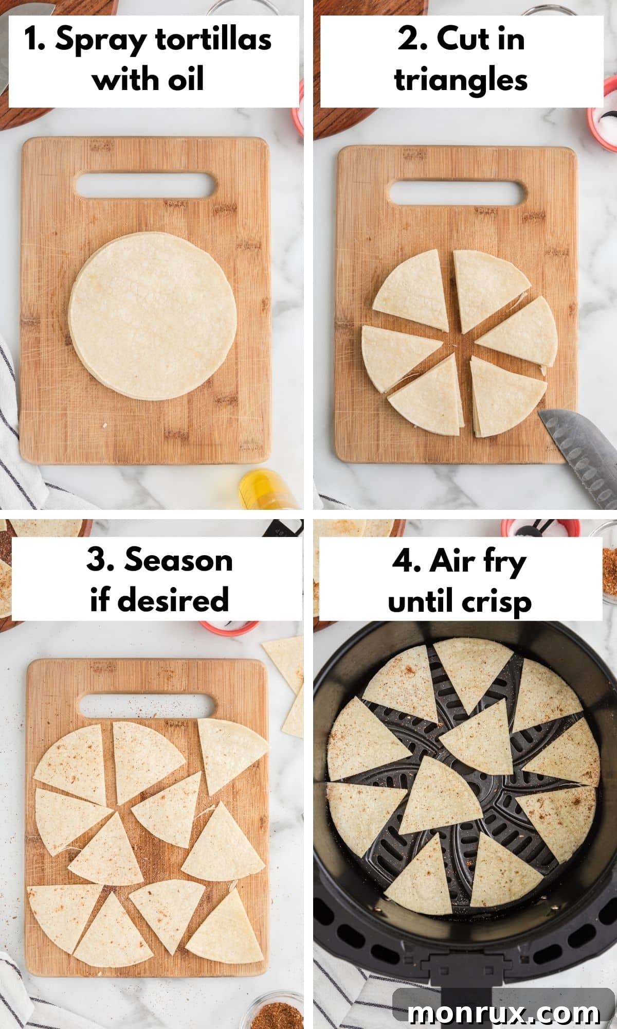 Step-by-step collage of cutting and seasoning tortillas to make air fryer chips.