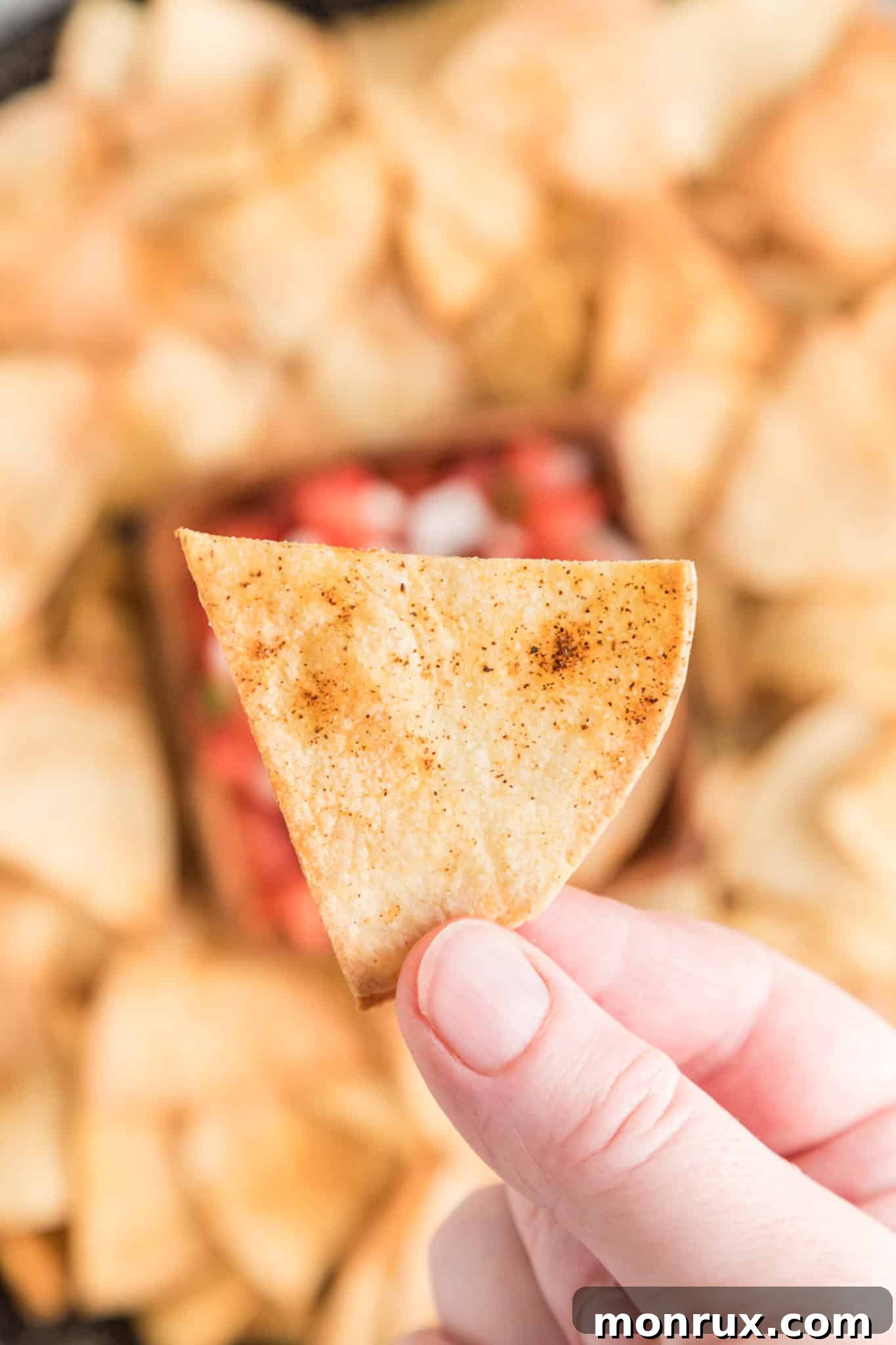 hand holding a homemade air fryer tortilla chip ready to eat.