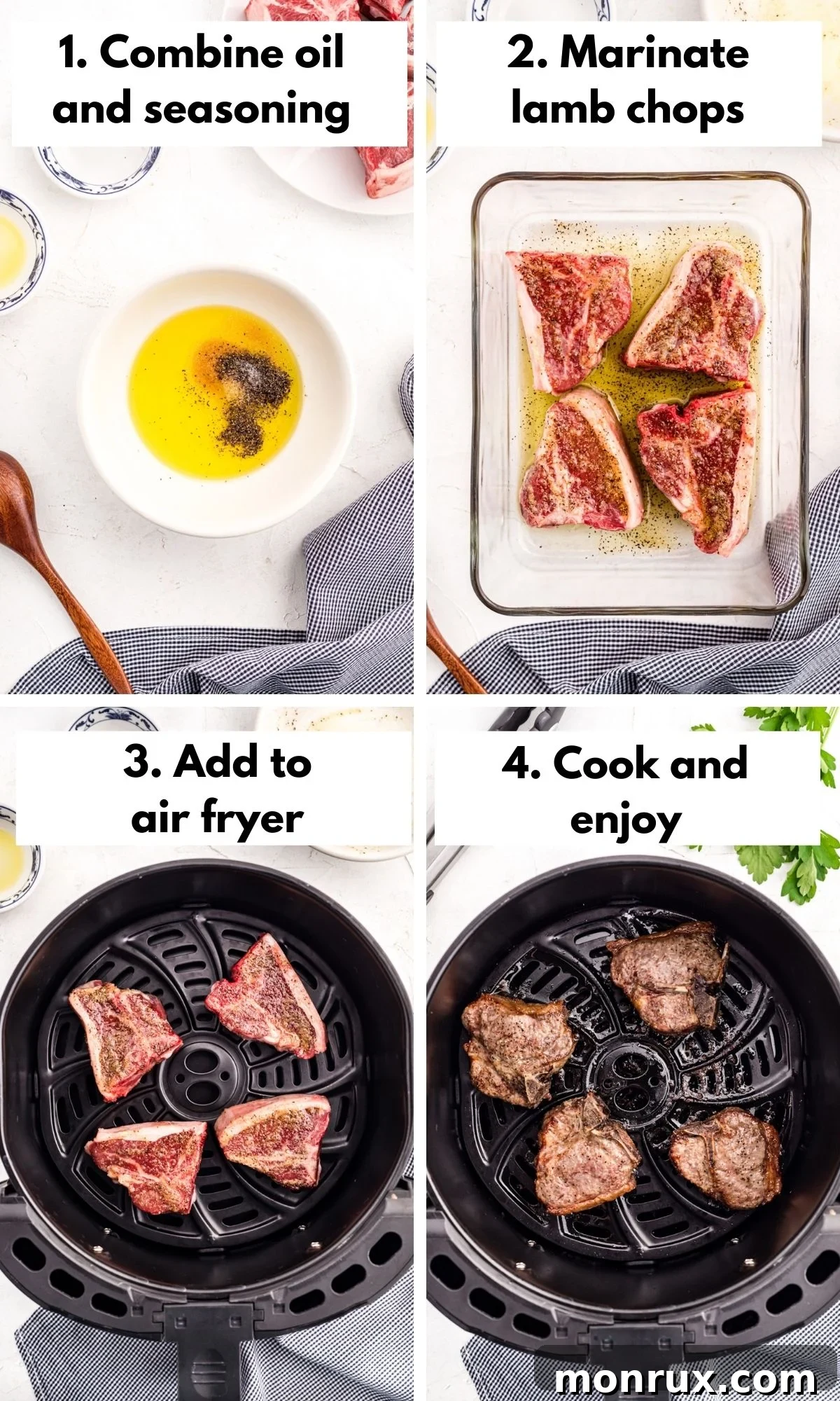 Step by step photos of cooking lamb chops in the air fryer.