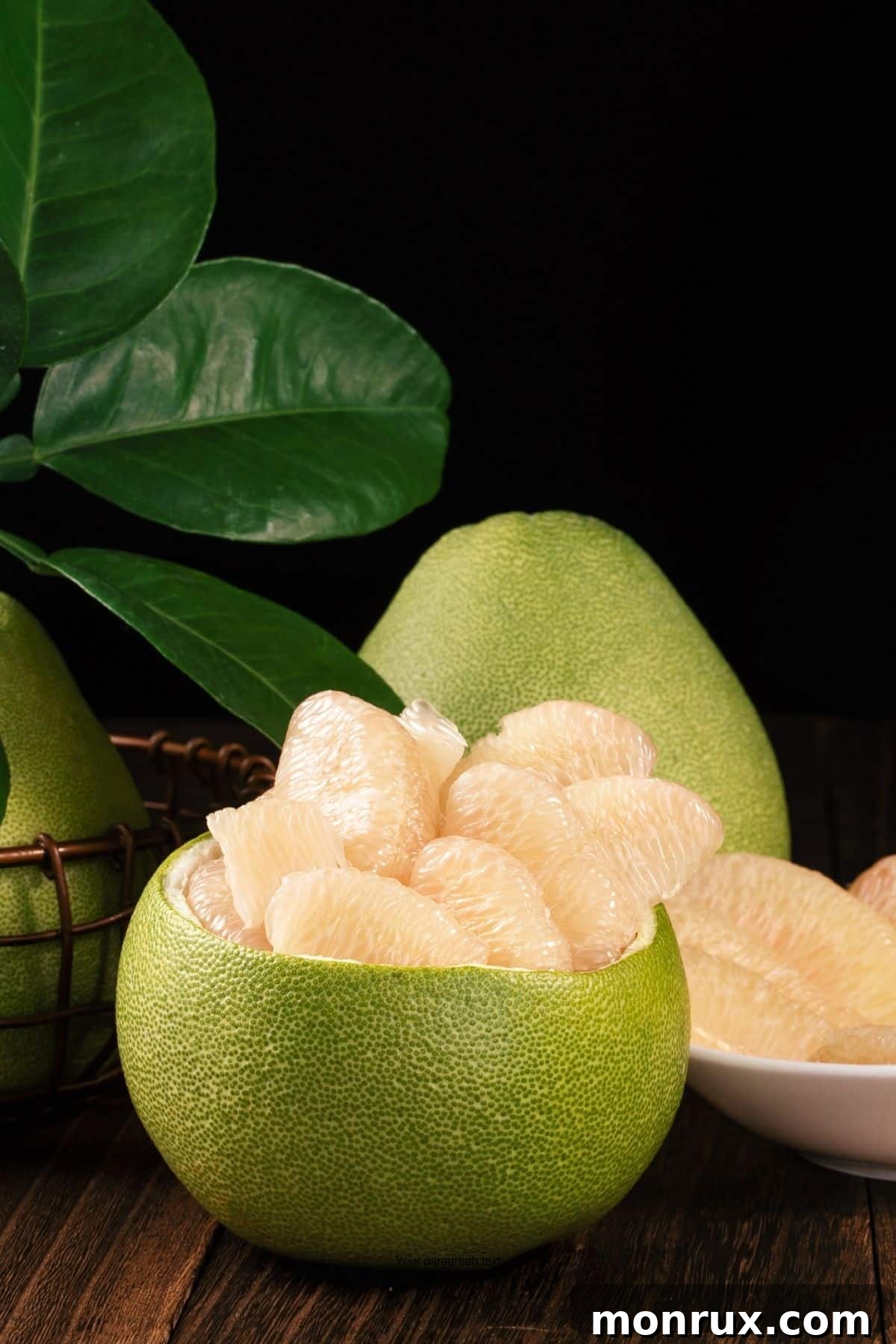 Pomelo fruit cut into wedges in the skin.
